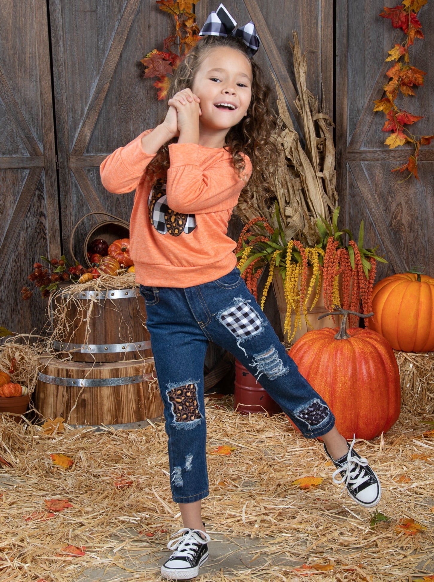 Aww, Pumpkin Pullover And Patched Jeans Set