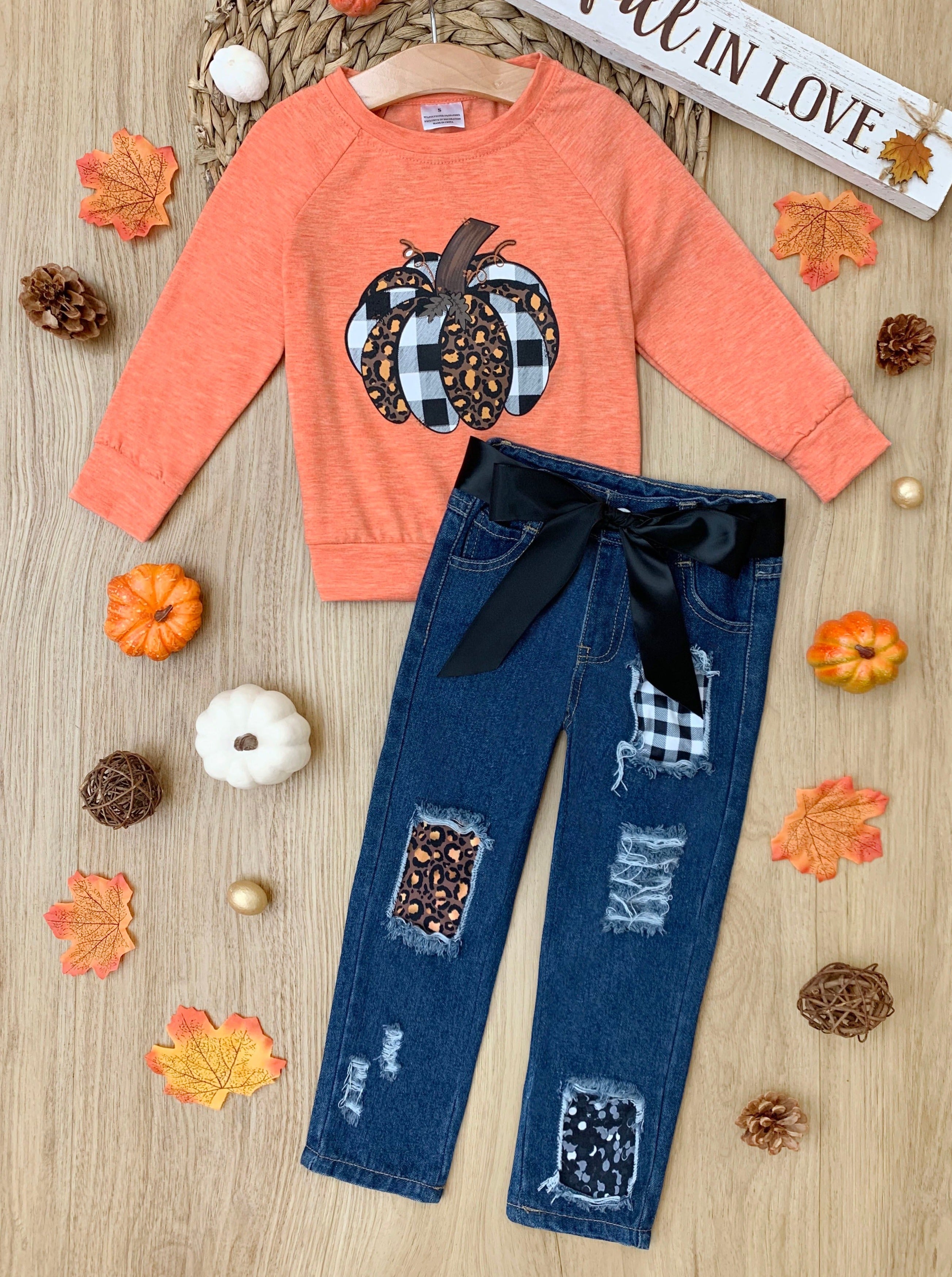 Aww, Pumpkin Pullover And Patched Jeans Set