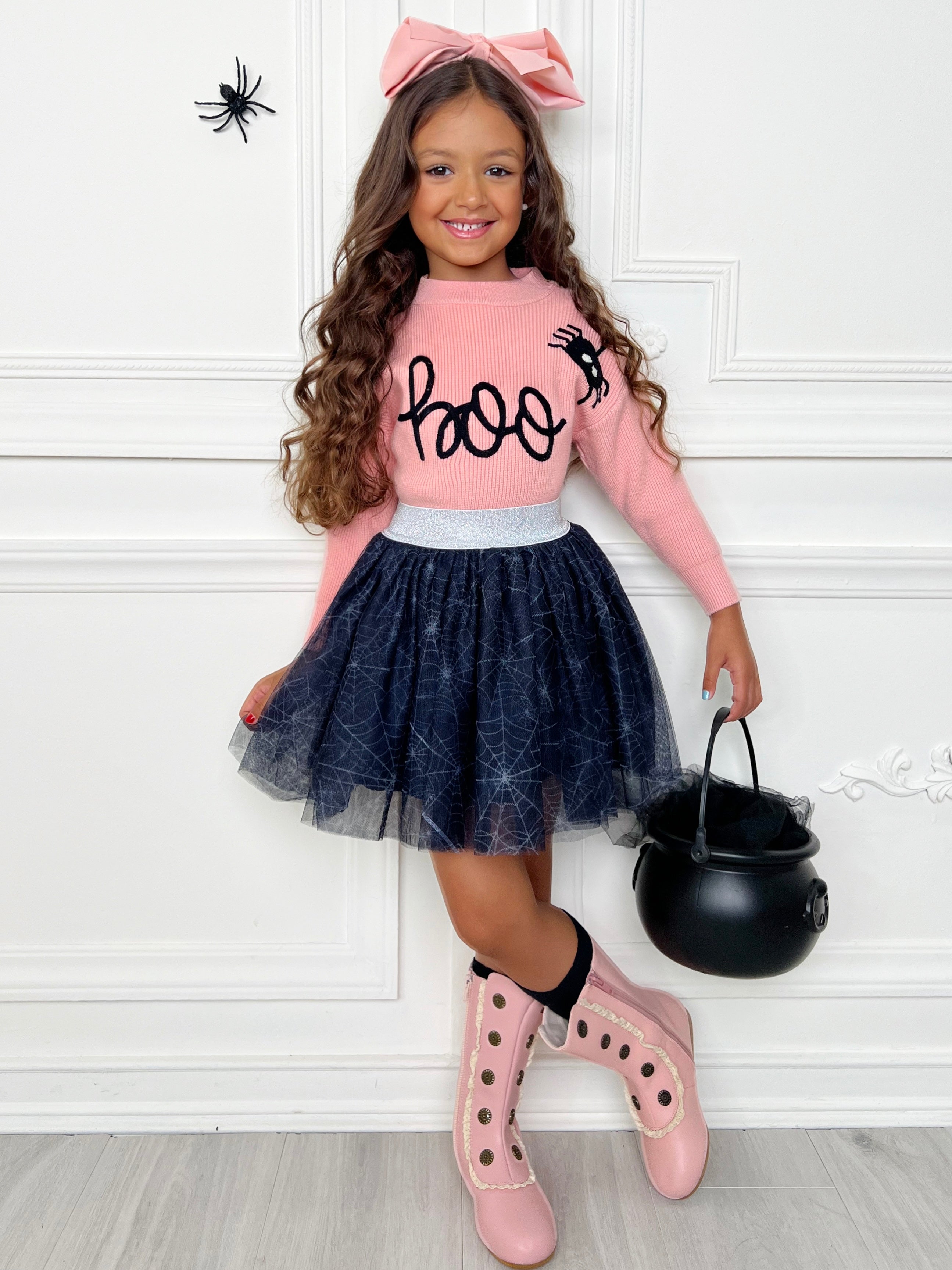 Halloween Boo Top And Spider Tutu Skirt Set