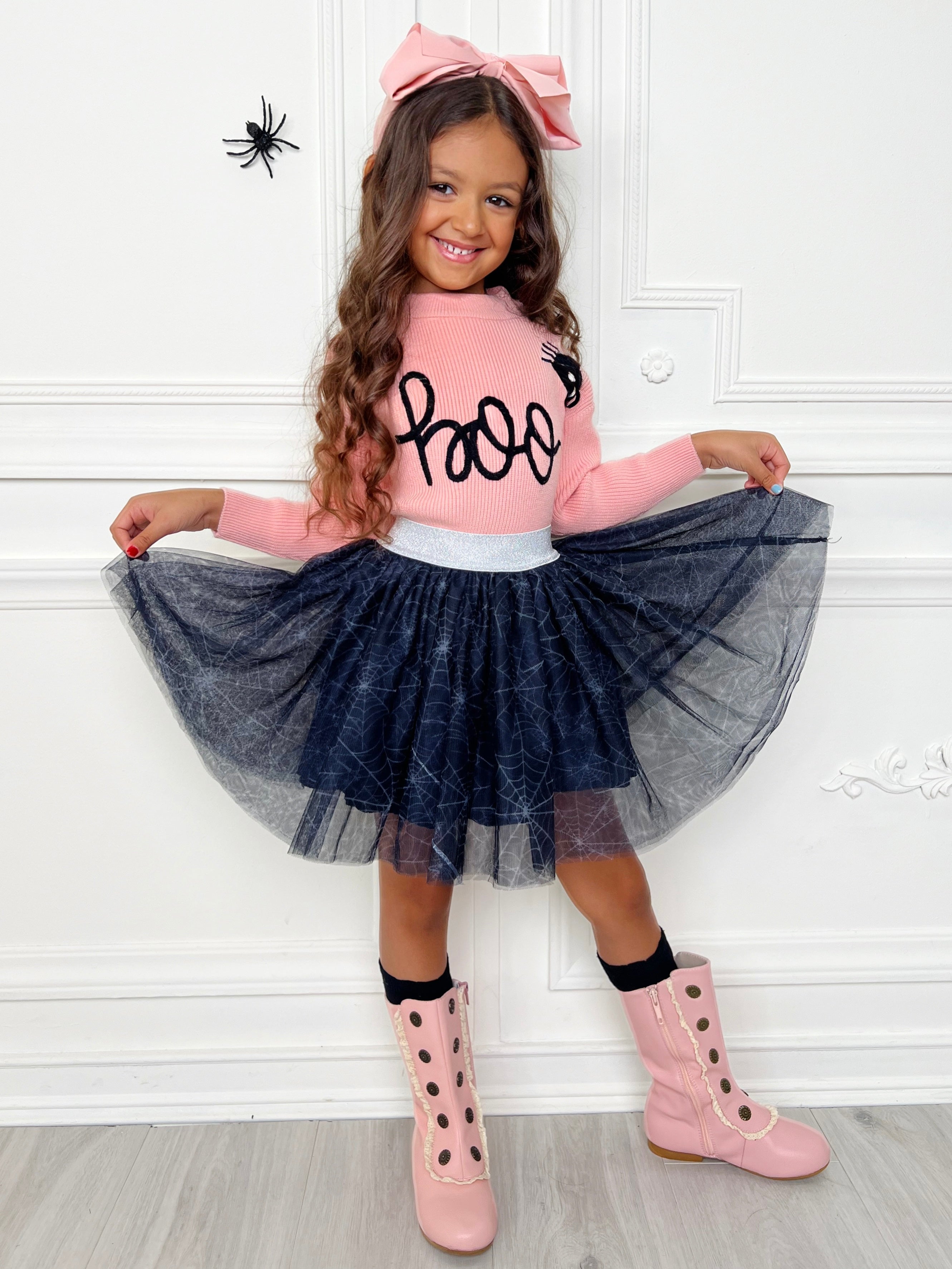 Halloween Boo Top And Spider Tutu Skirt Set