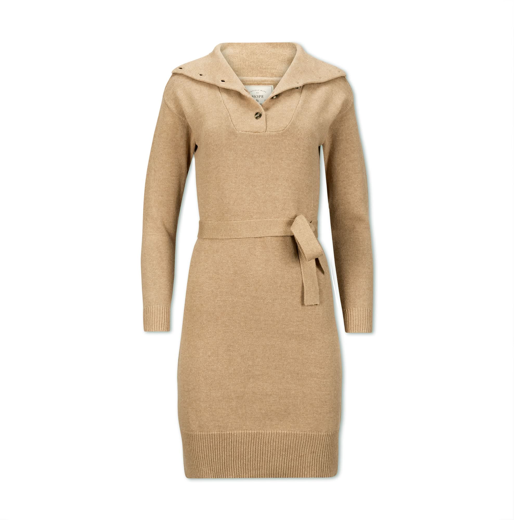 Wide Collar Belted Organic Sweater Dress