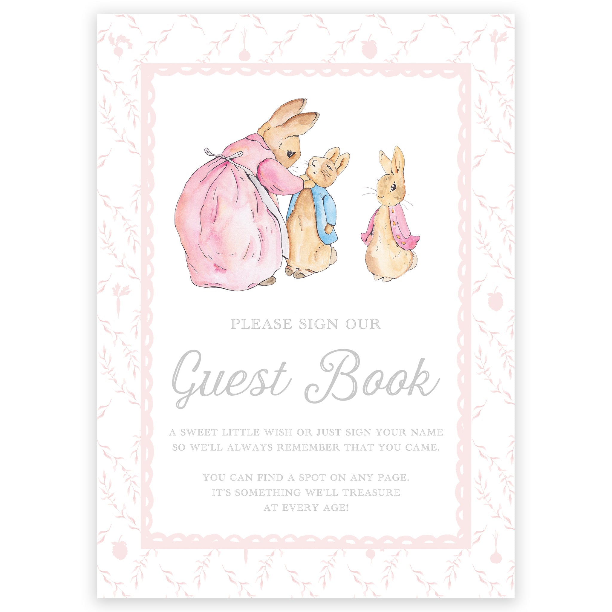 Peter Rabbit Pink Trellis Guest Book Sign