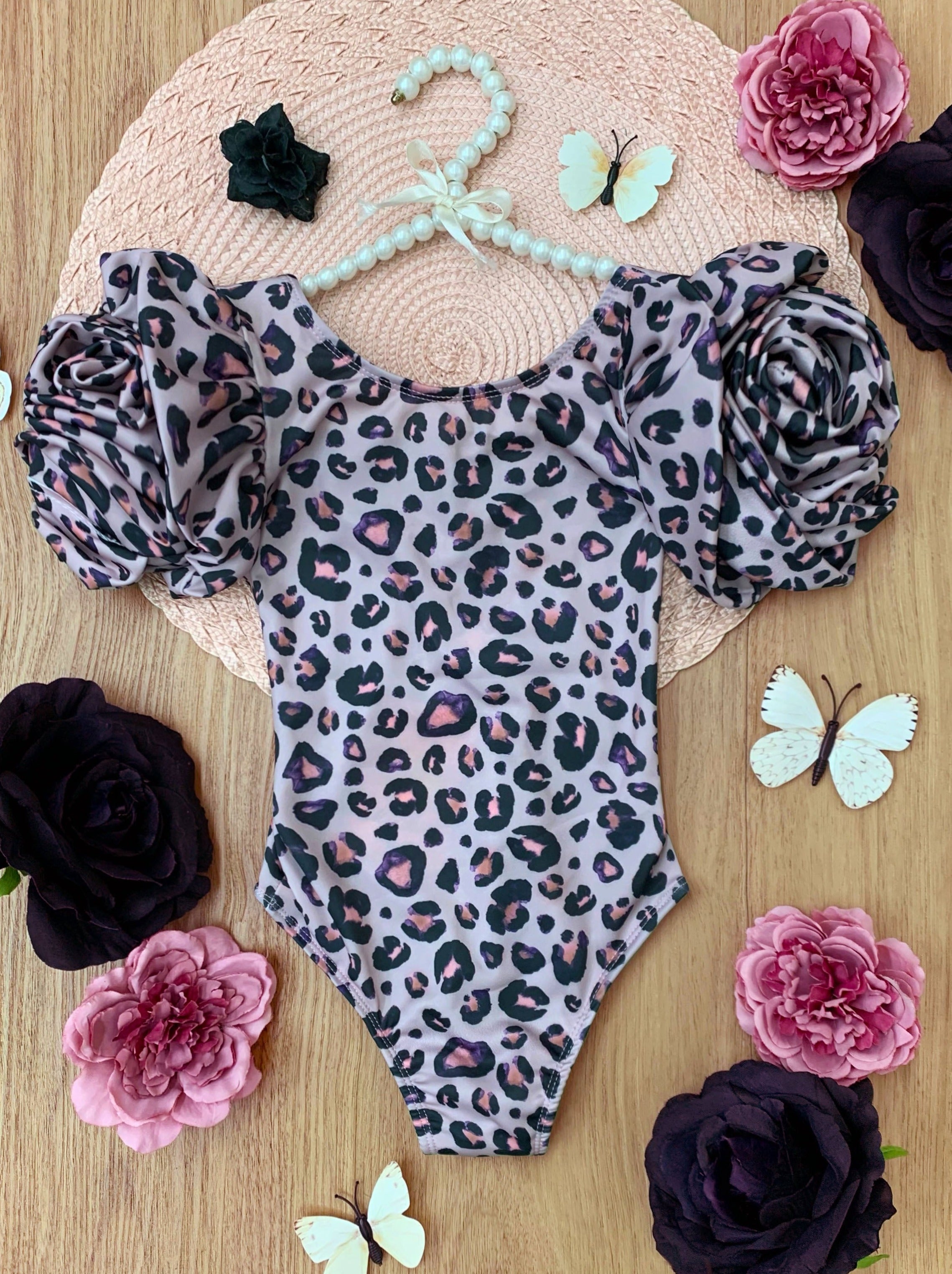 Love Leopard Rose Sleeve One Piece Swimsuit