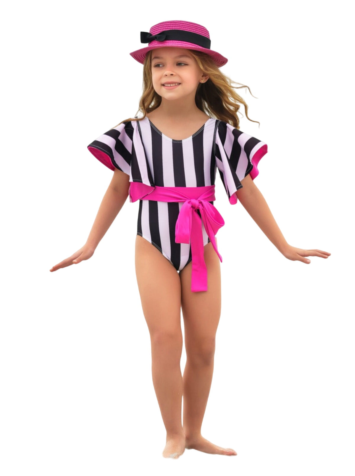 Pop Of Pink Flare Sleeve Striped One Piece Swimsuit