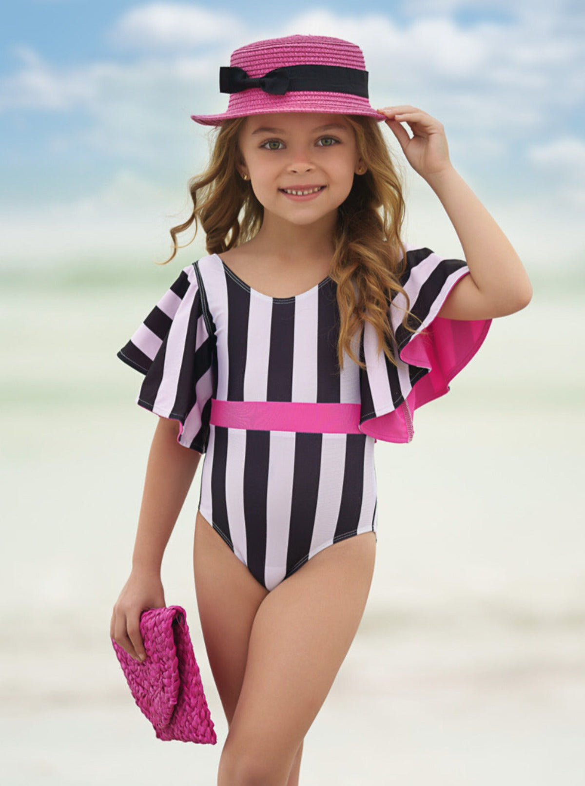 Pop Of Pink Flare Sleeve Striped One Piece Swimsuit