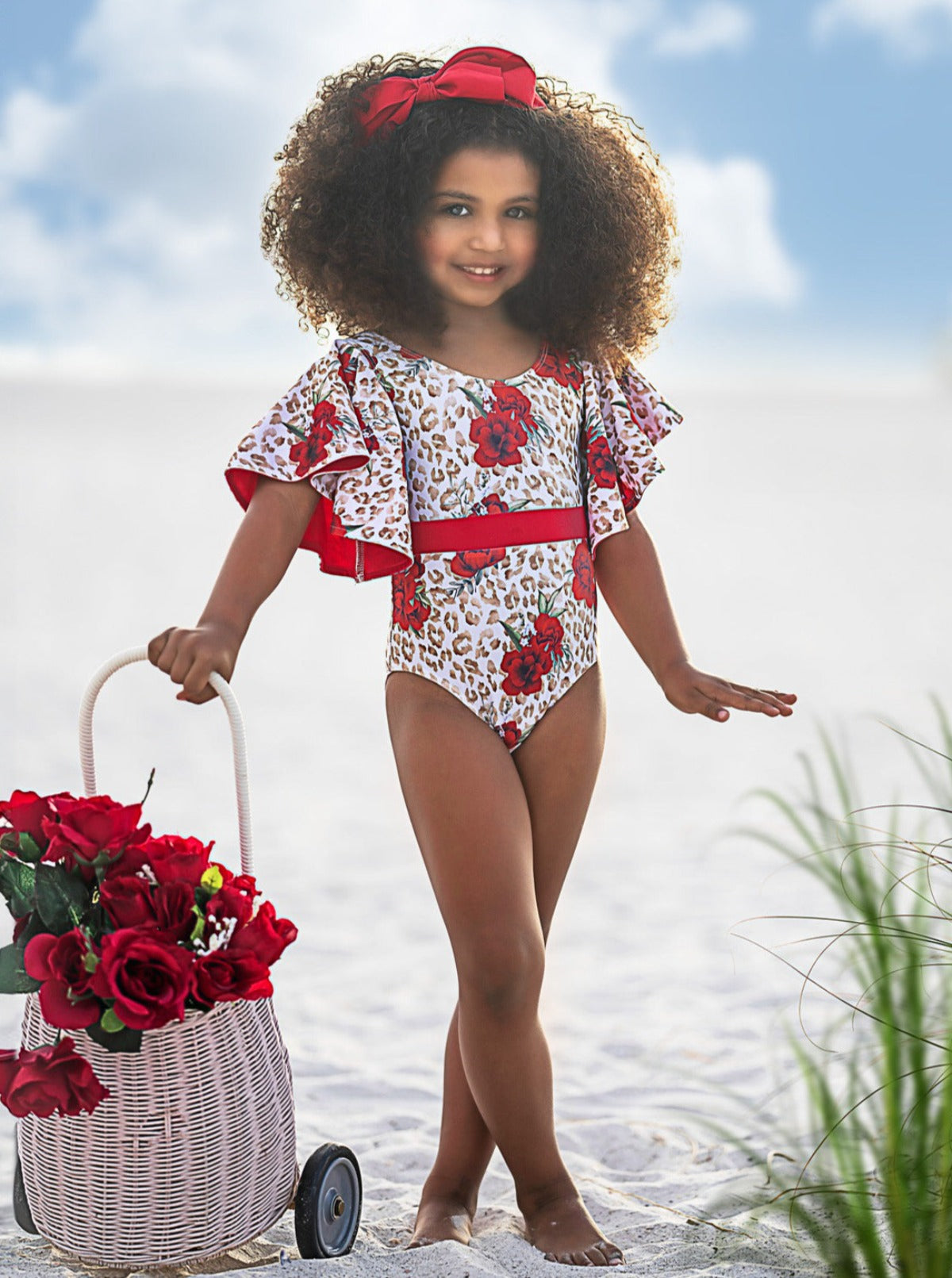 Spots And Petals Flare Sleeve One Piece Swimsuit