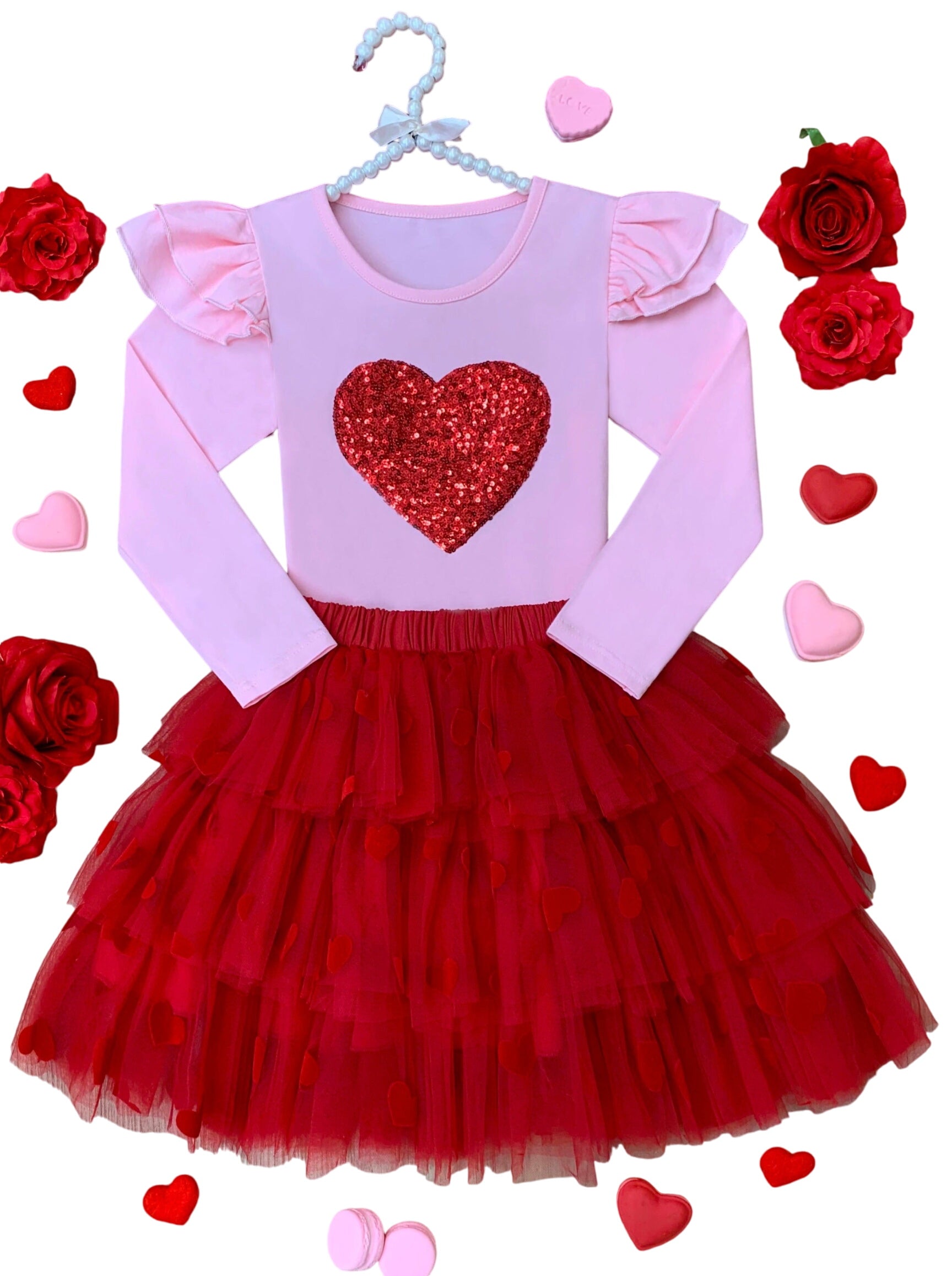 Sparkling Heart Ruffle Shoulder Top And Tiered Skirt Set