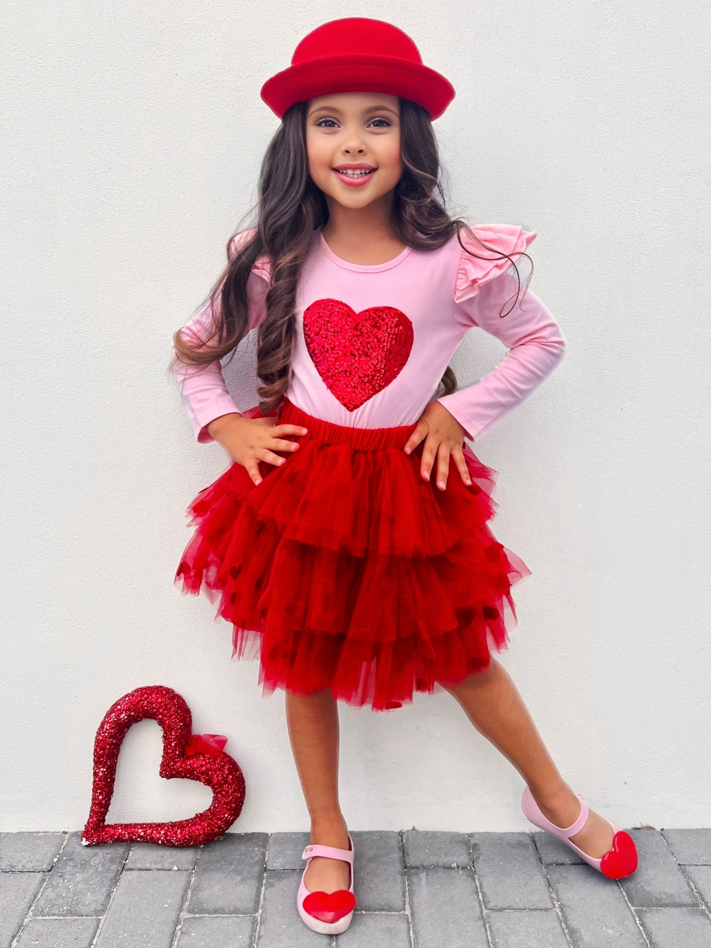 Sparkling Heart Ruffle Shoulder Top And Tiered Skirt Set