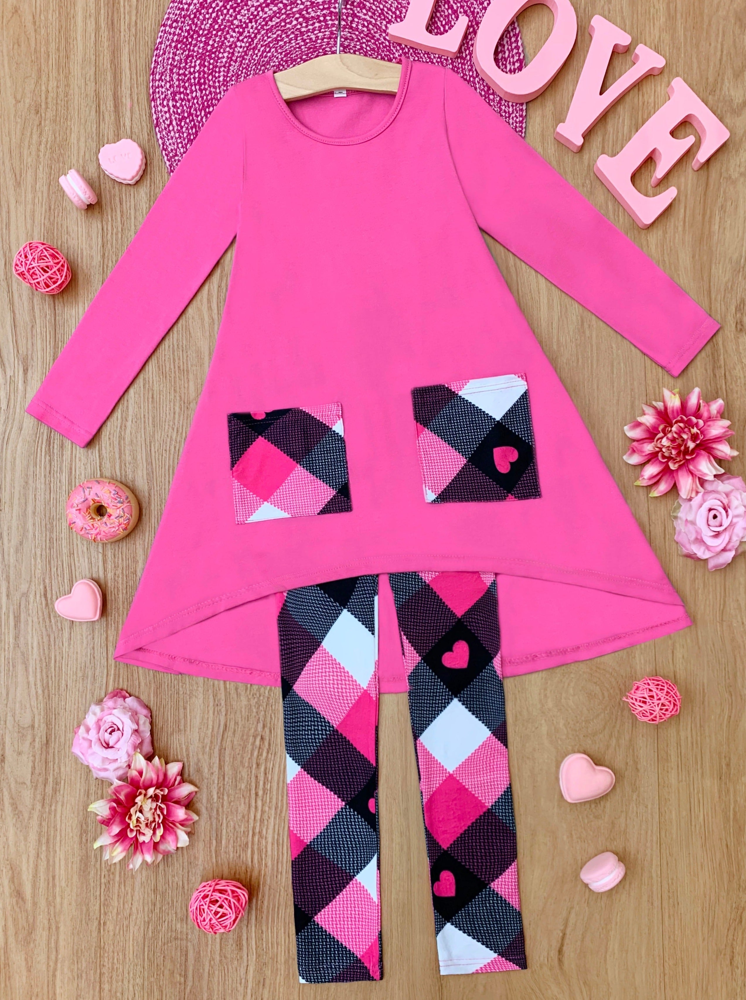 No Hate, Just Love Pink Plaid Legging Set