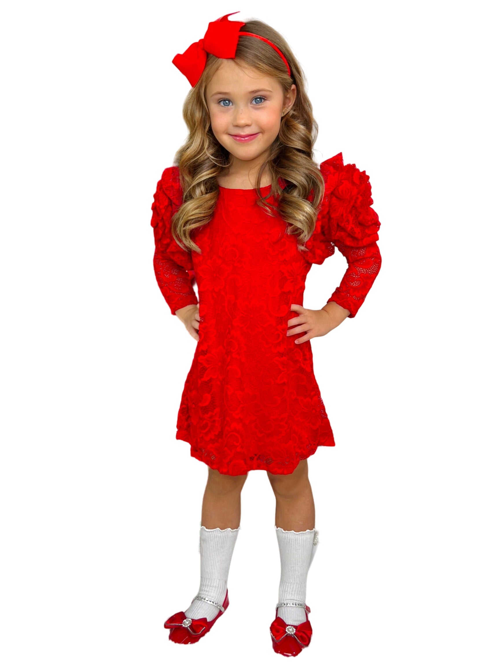 Ruby Princess Rosette Sleeve Red Lace Dress