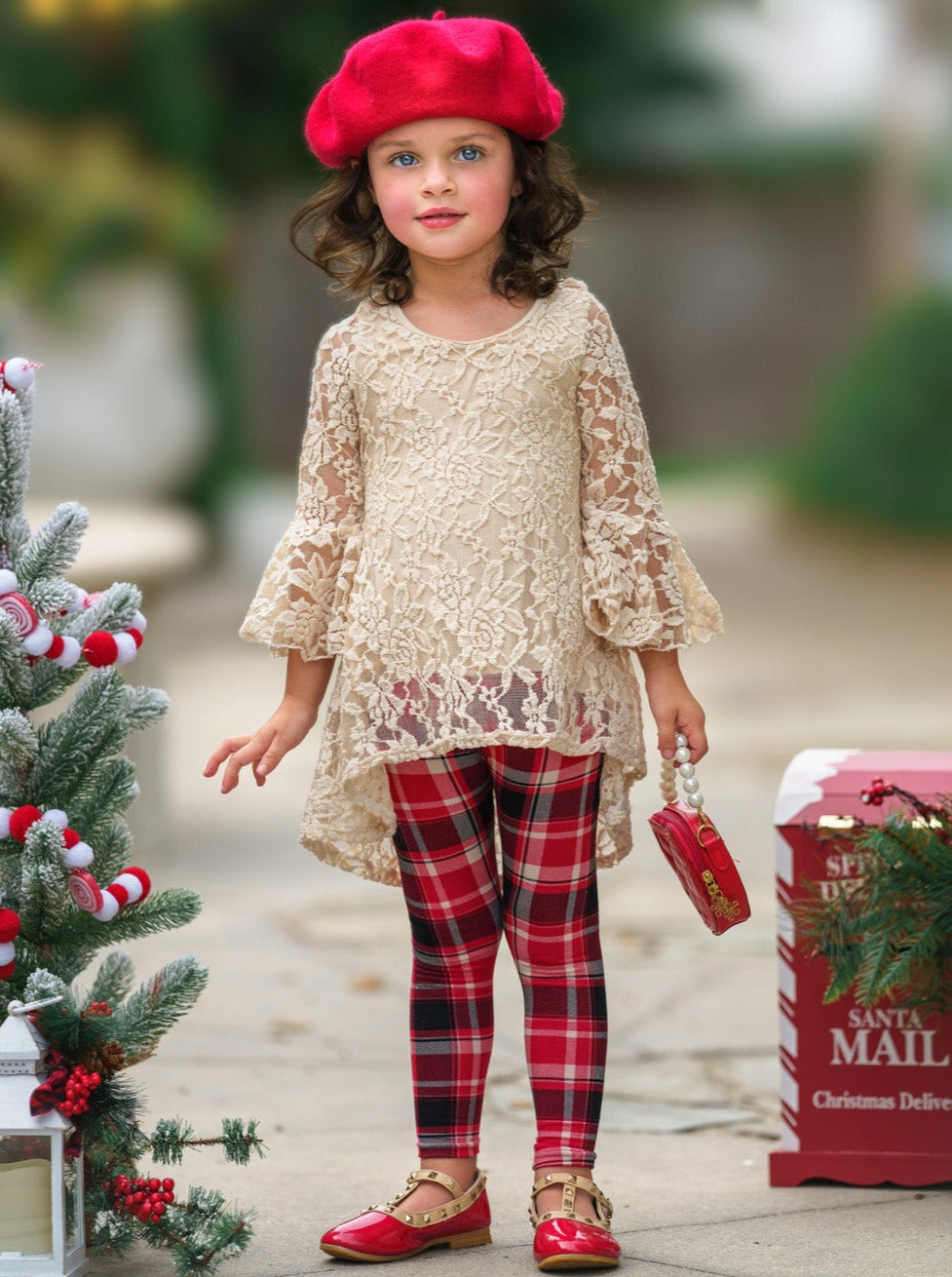 Autumn Glow Lace Tunic Top And Checkered Legging Set