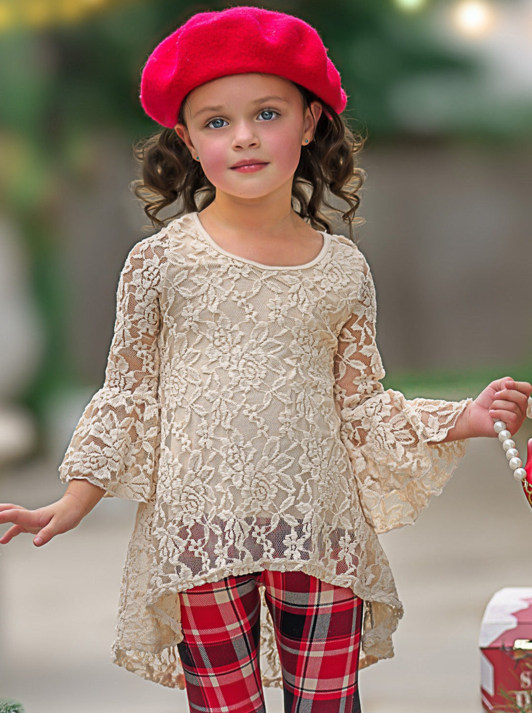 Autumn Glow Lace Tunic Top And Checkered Legging Set