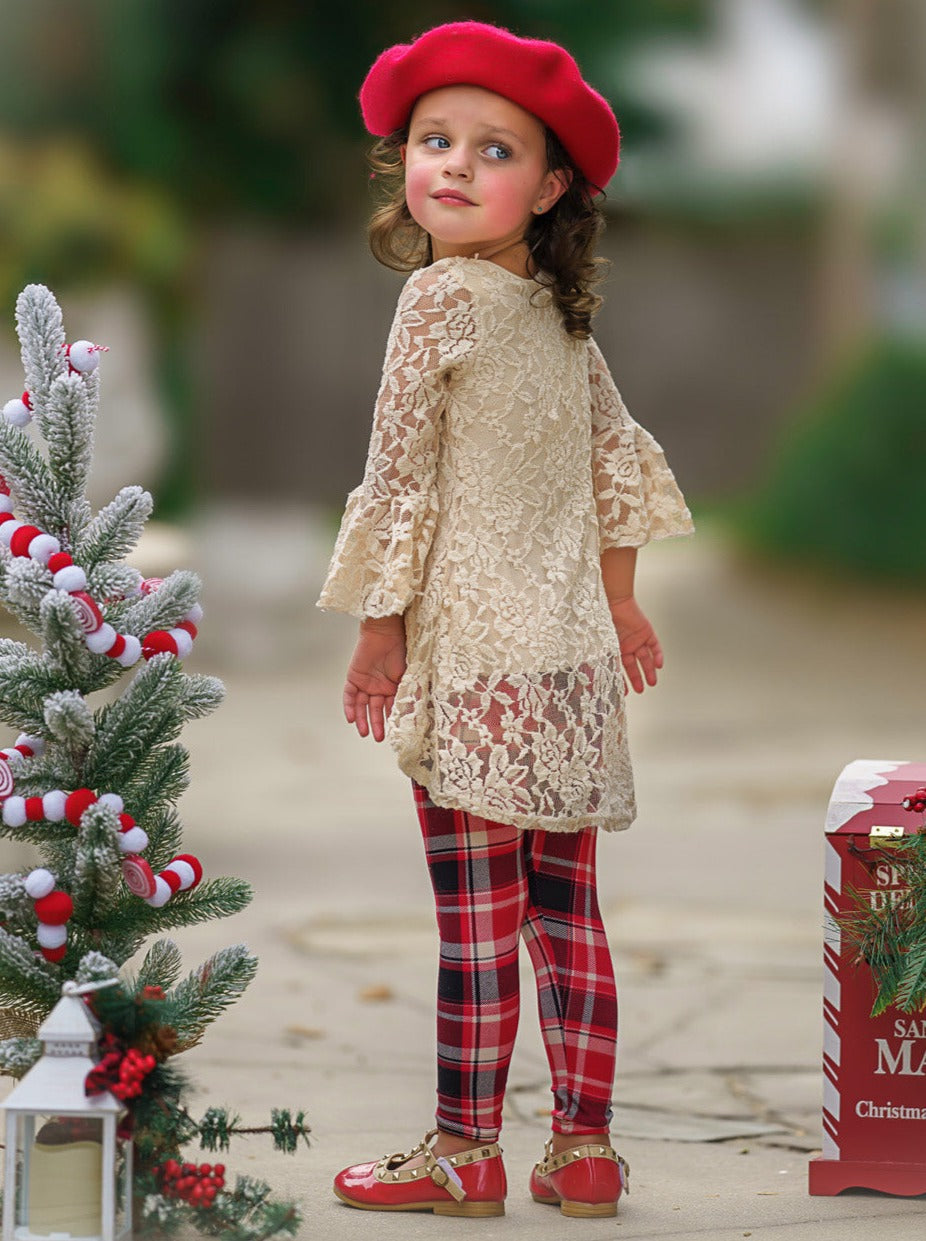 Autumn Glow Lace Tunic Top And Checkered Legging Set