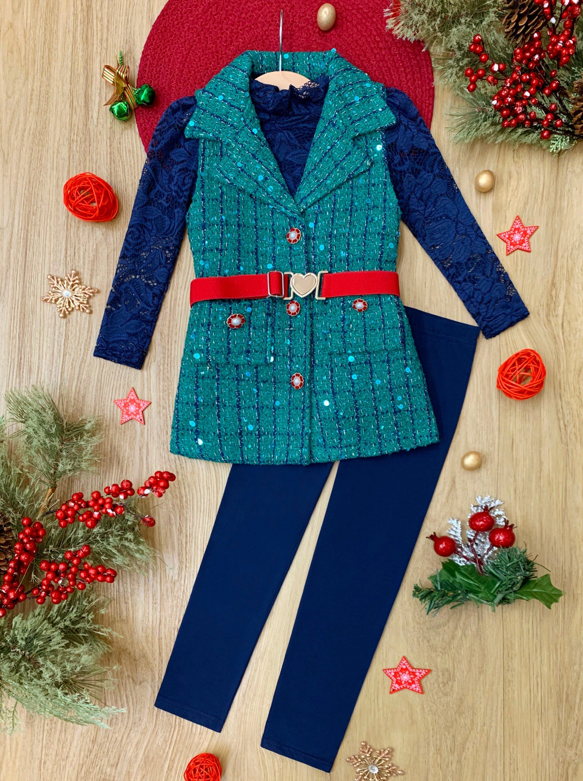 Frosty And Chic Blue Lace Top, Belted Vest, And Legging Set