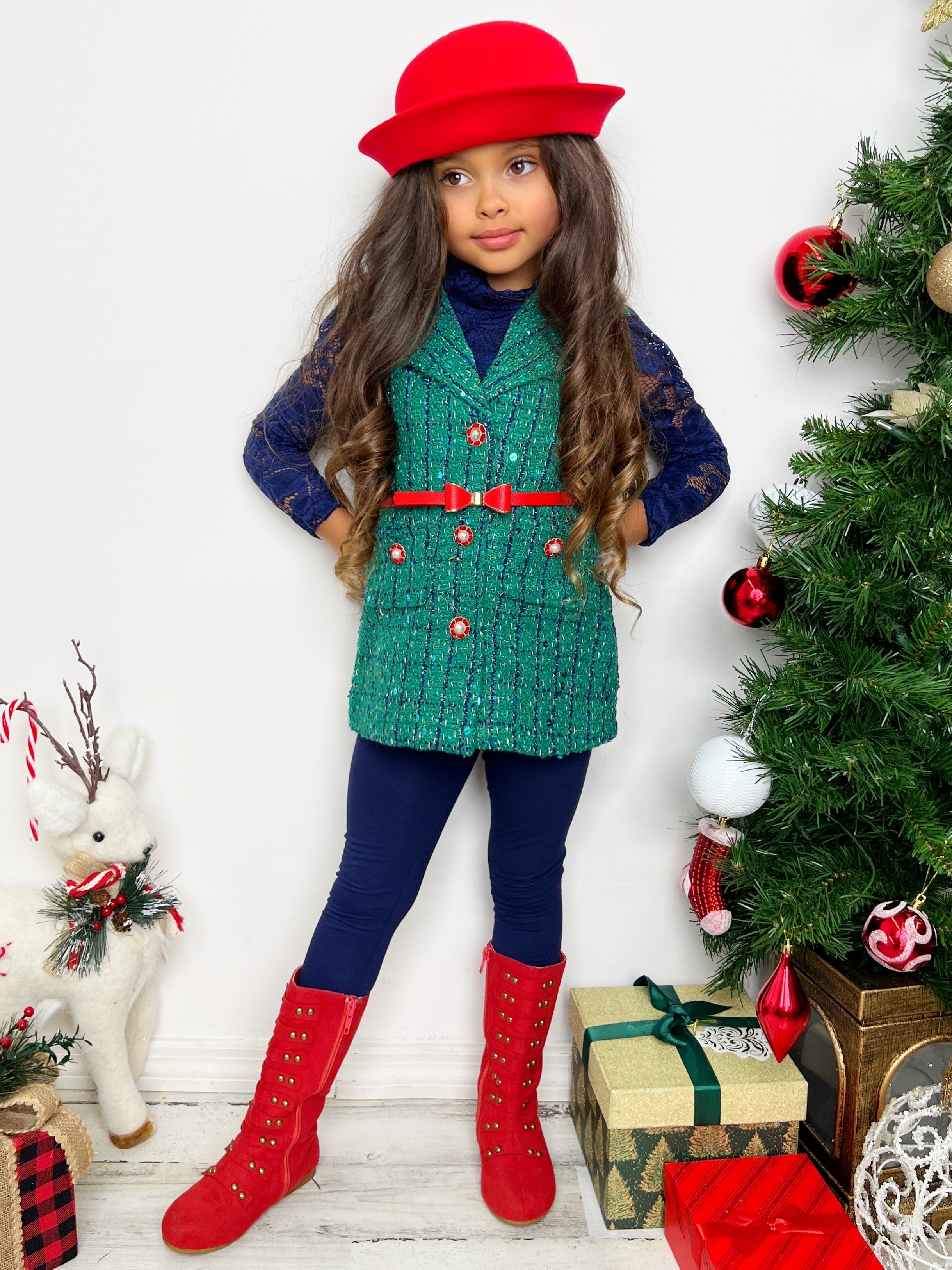 Frosty And Chic Blue Lace Top, Belted Vest, And Legging Set