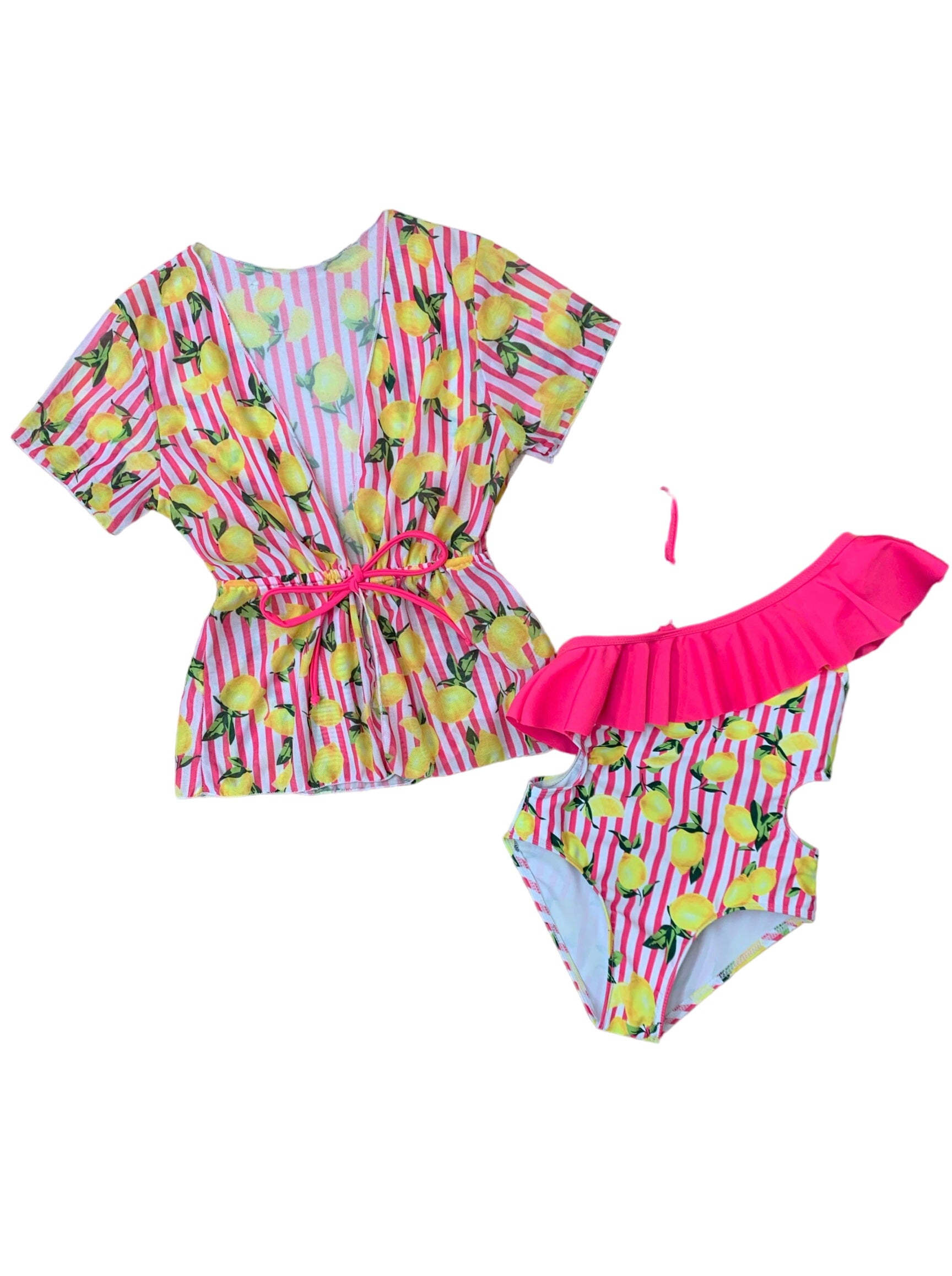 Squeeze The Day Lemon Print Striped Swimsuit Set