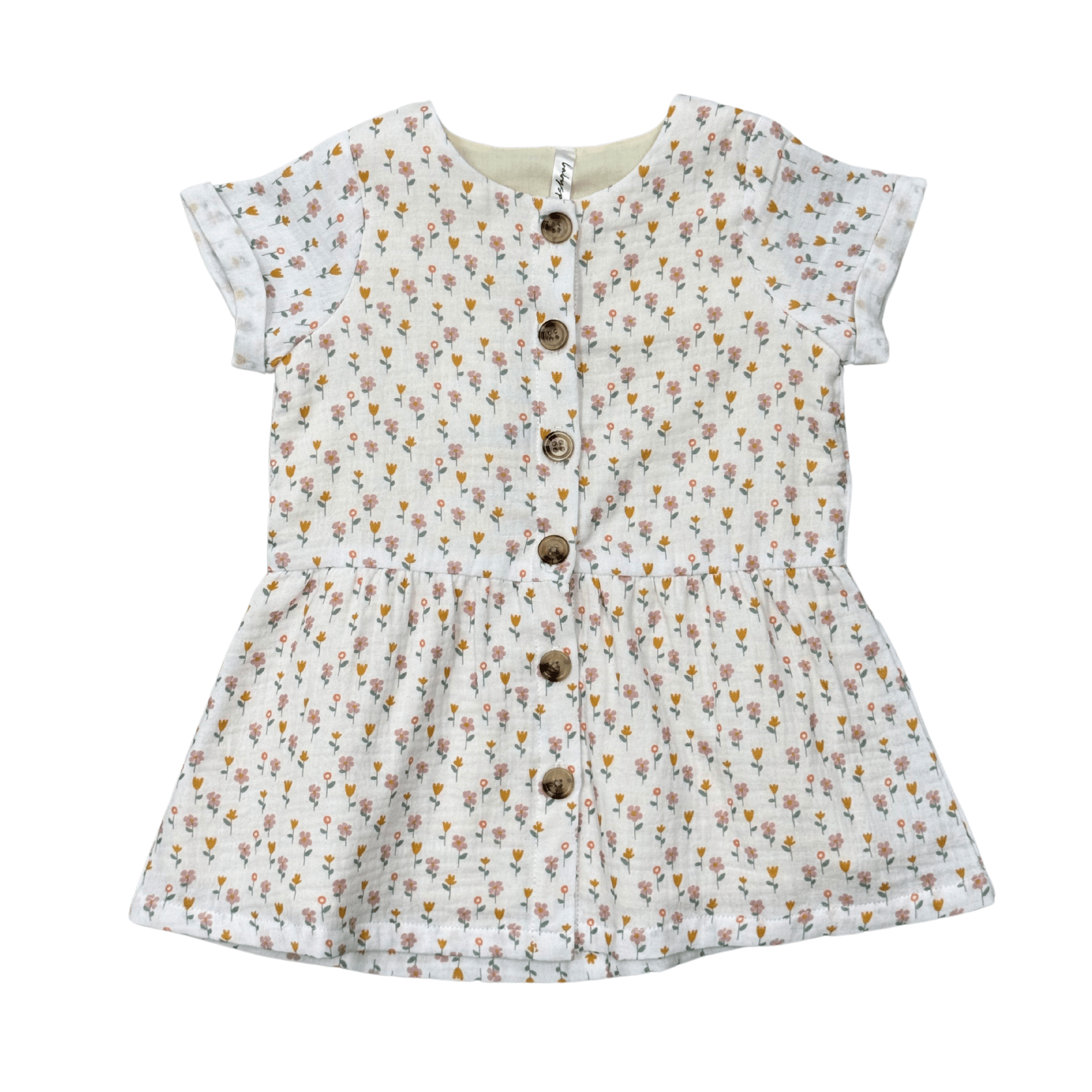 Girls Gauze Button Dress In Mini Daisy On Cream