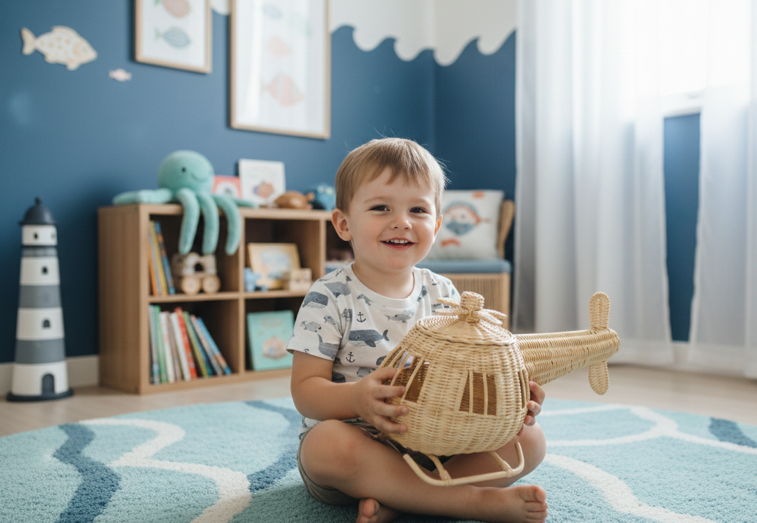 Rattan Toy Helicopter – Handcrafted Boho Pretend Play Toy For Kids | Montessori Airplane Nursery Decor