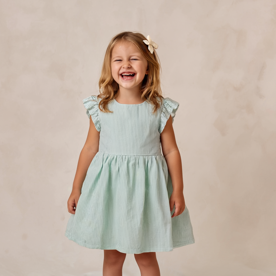 Organic Flutter Summer Dress - Green Stripes