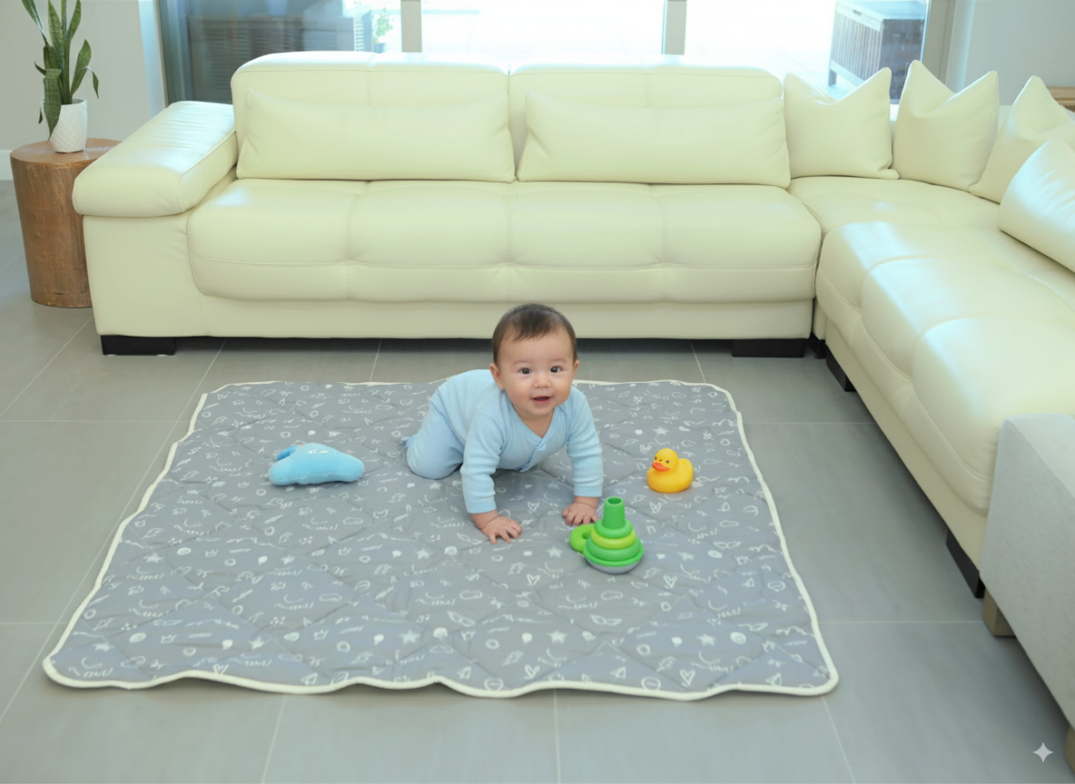 Organic Cotton Play Mat/quilted Blanket - Dreamy Sky/love Gray Reversible