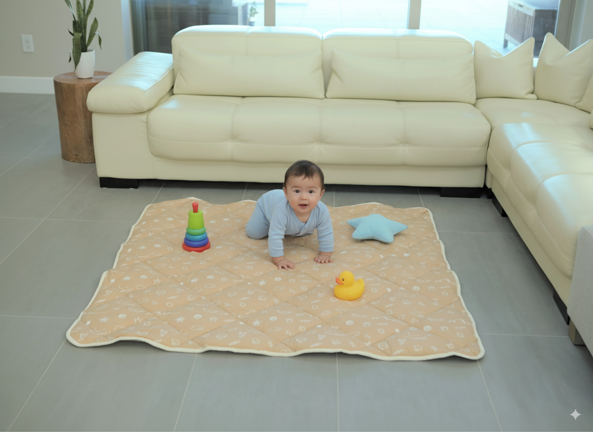 Organic Cotton Play Mat/quilted Blanket - Solid Gray/love Hazelnut Reversible