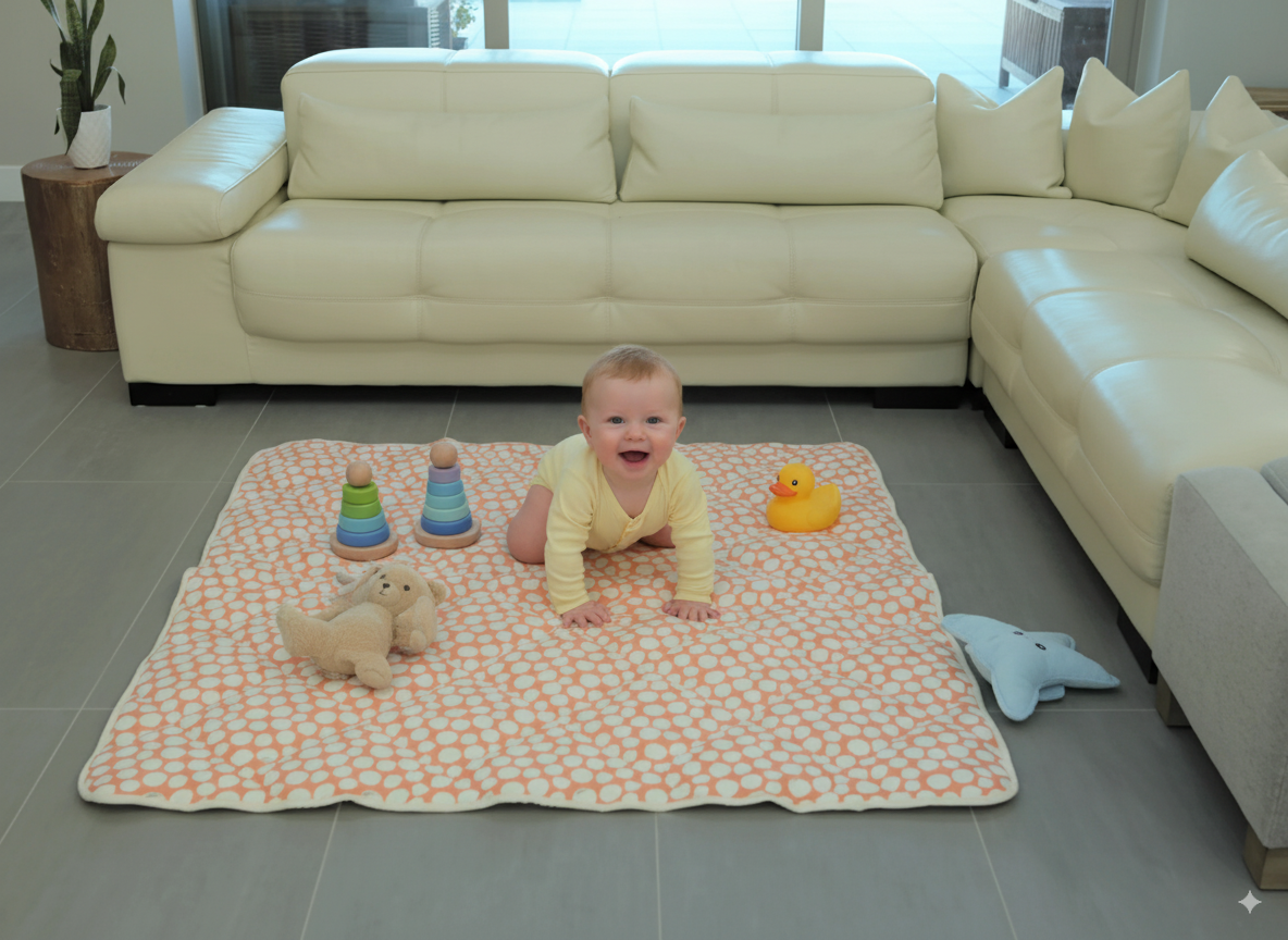 Organic Cotton Play Mat/quilted Blanket - Safari Dream/pink Pebbles Reversible