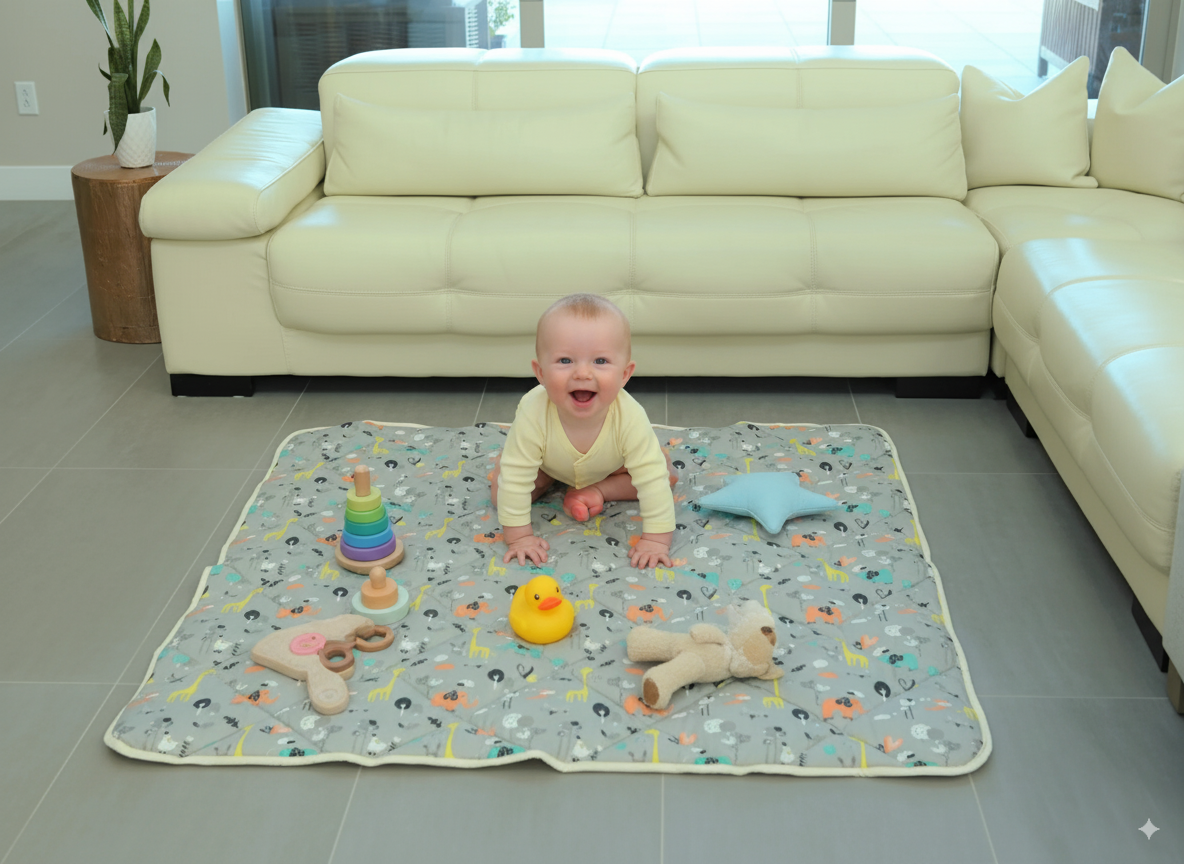 Organic Cotton Play Mat/quilted Blanket - Safari Dream/pink Pebbles Reversible