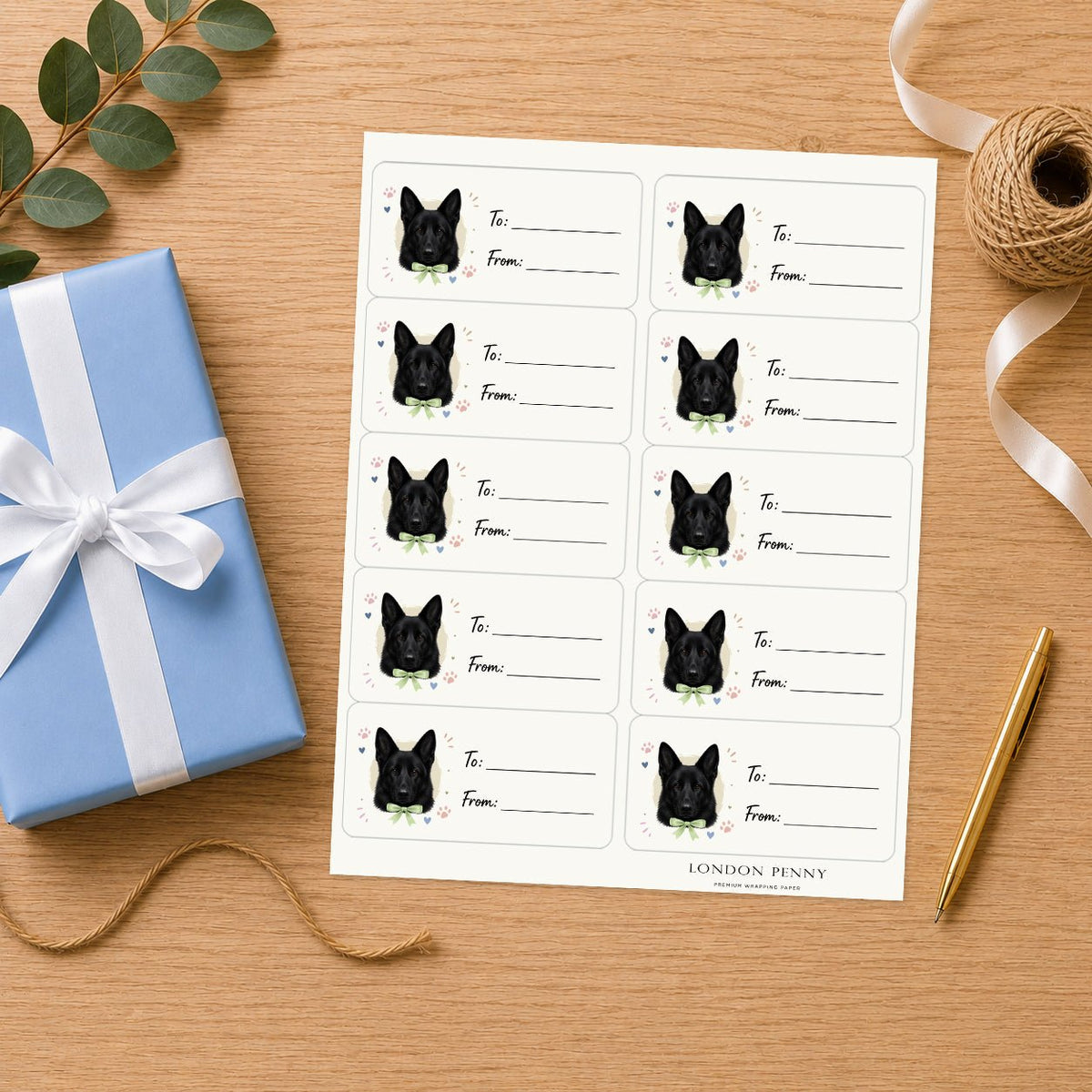 German Shepherd Paws & Bows Gift Tag Sticker Sheet