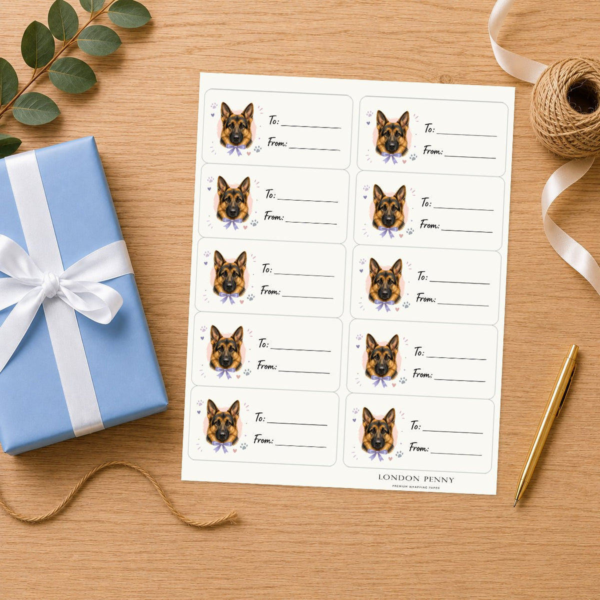 German Shepherd Paws & Bows Gift Tag Sticker Sheet