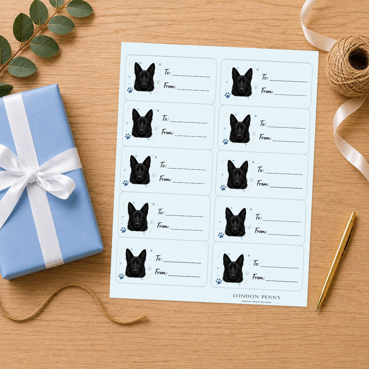 German Shepherd Pawprint Wishes Gift Tag Sticker Sheet
