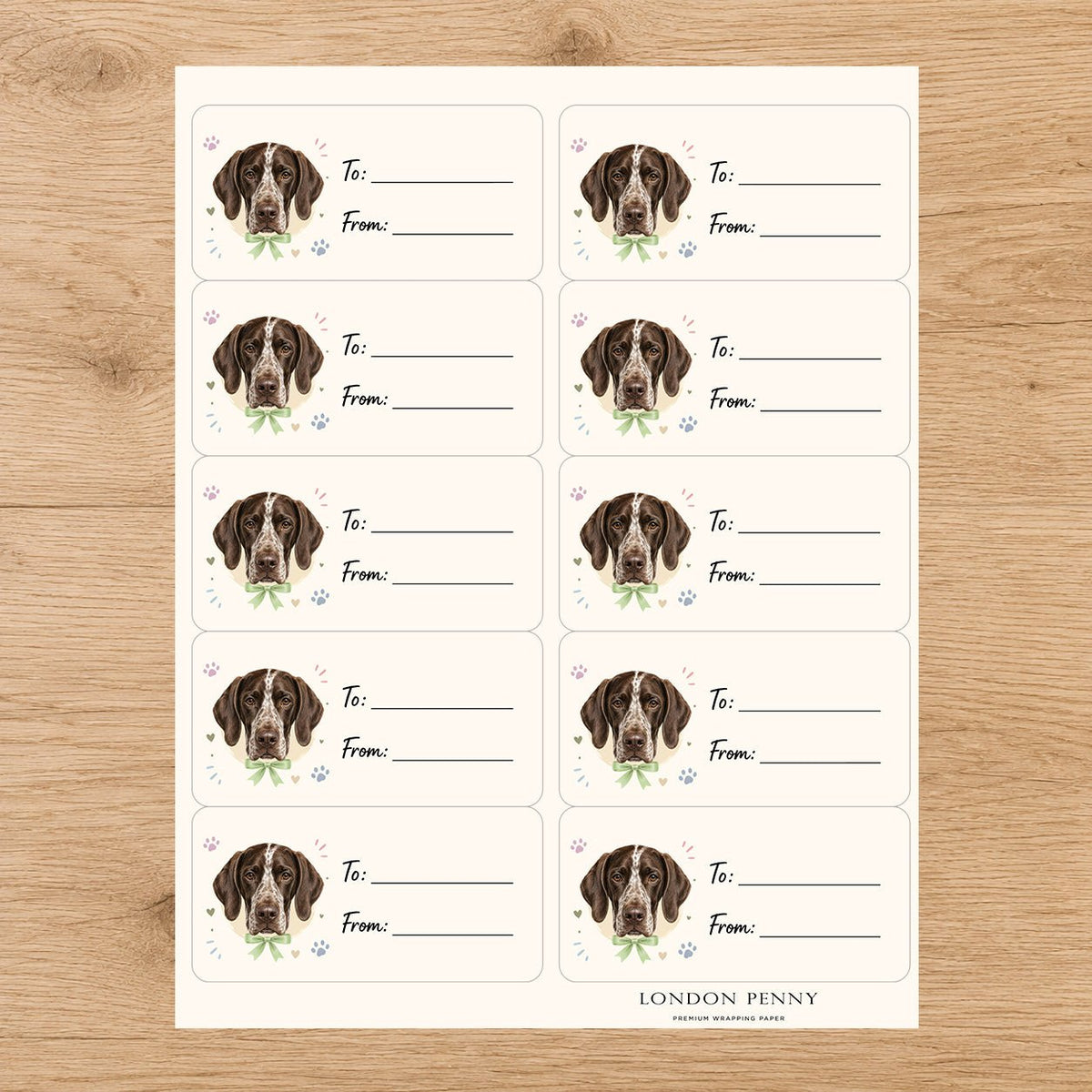 German Shorthaired Pointer Paws & Bows Gift Tag Sticker Sheet