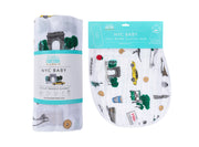 Gift Set: New York City Baby Muslin Swaddle Blanket And Burp Cloth/bib Combo Extra Large Bamboo Cotton
