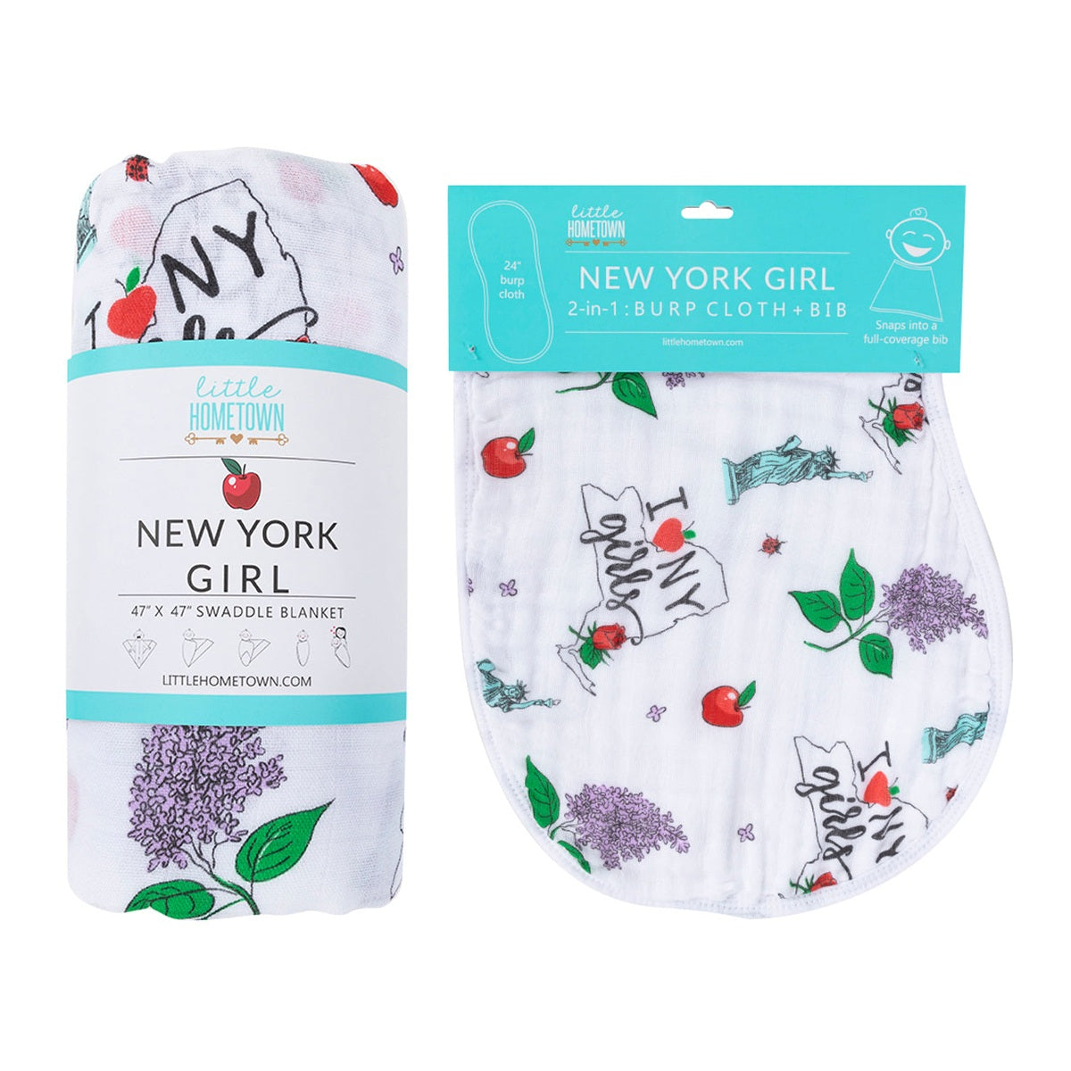 Gift Set: New York Girl Baby Muslin Swaddle Blanket And Burp Cloth/bib Combo