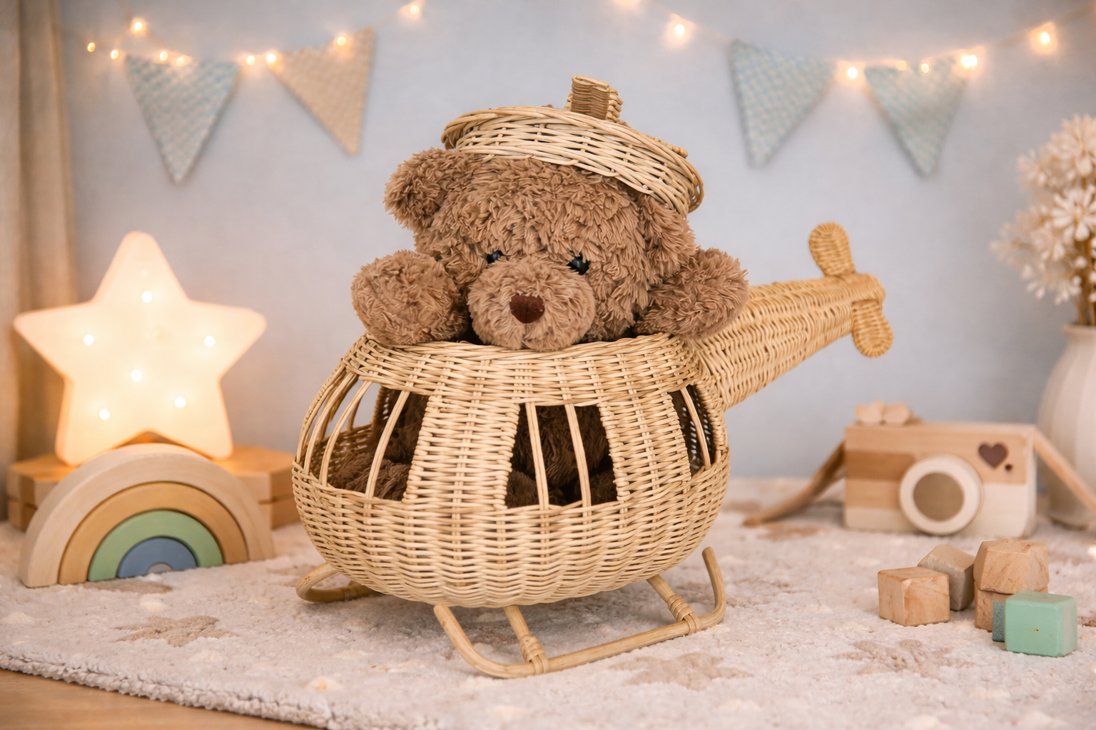 Rattan Toy Helicopter – Handcrafted Boho Pretend Play Toy For Kids | Montessori Airplane Nursery Decor