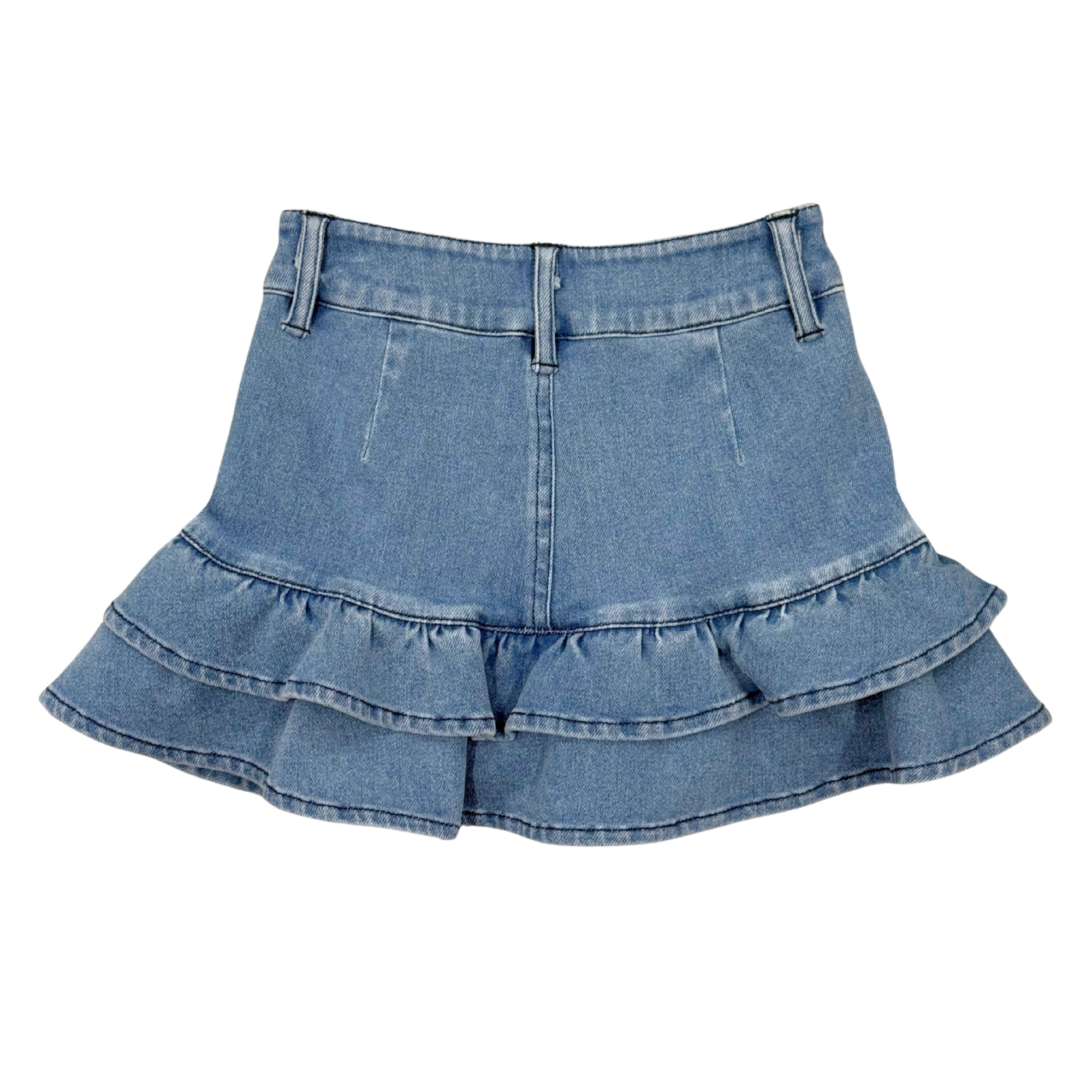 Girls Double Tiered Denim Skirt In Mid Blue Wash