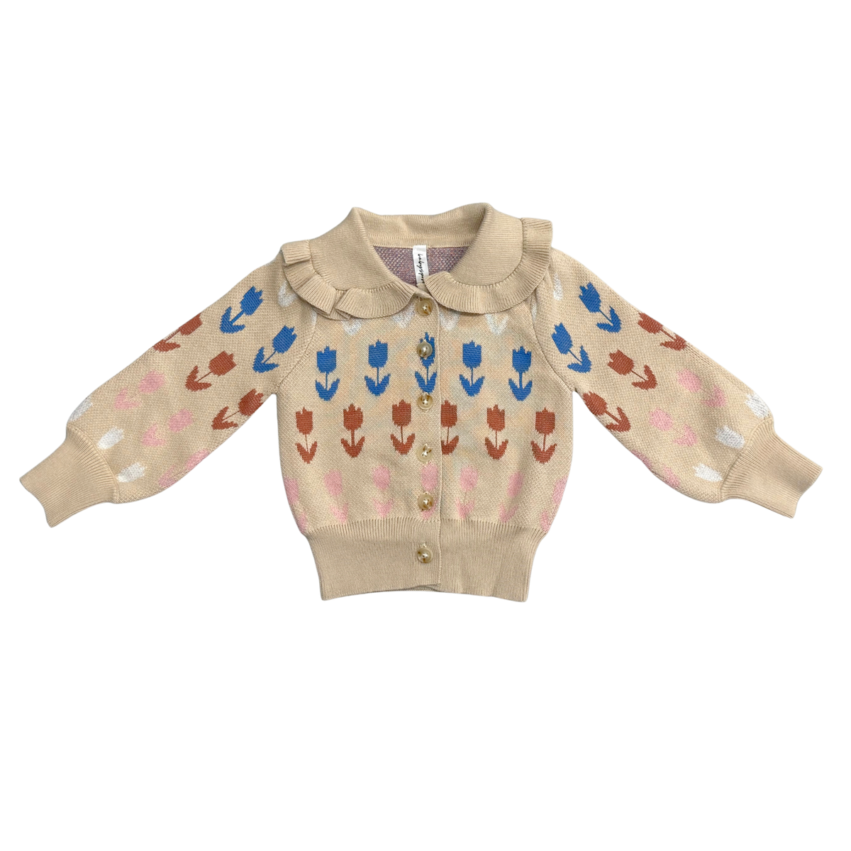 Girls Floral Knit Cardigan In Beige Tulip Intarsia