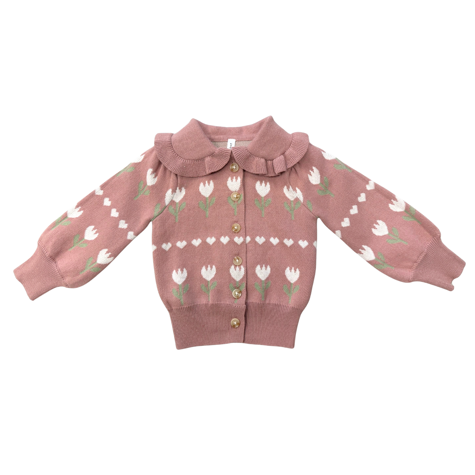 Girls Floral Knit Cardigan In Tulip Heart Intarsia