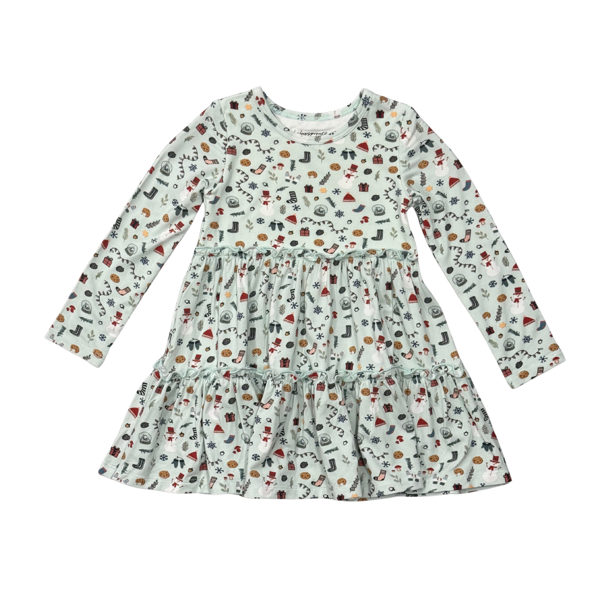 Girls Long Sleeve Double Tiered Dress In Christmas Elements
