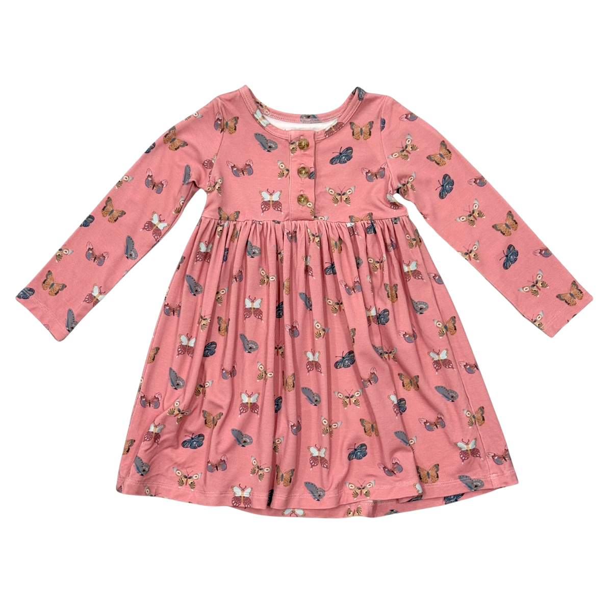 Girls Long Sleeve Henley Dress In Butterfly Bloom