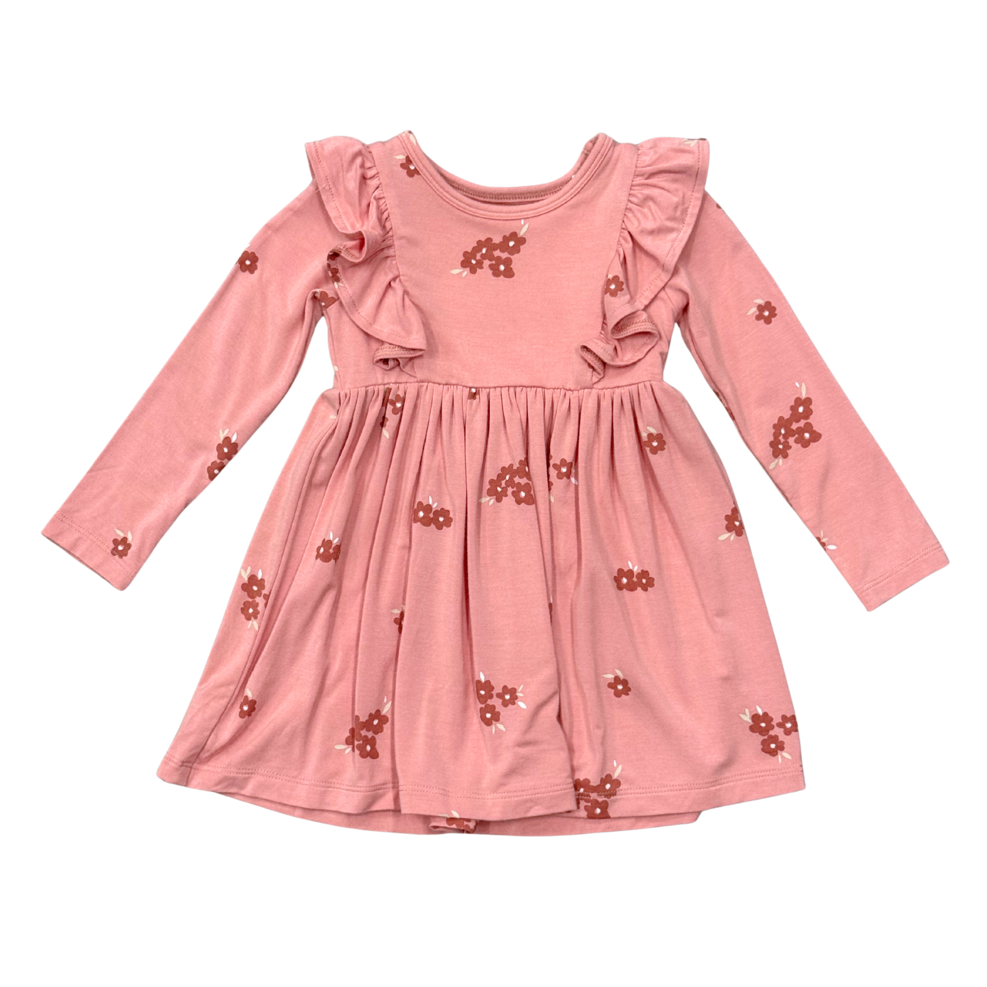 Girls Long Sleeve Ruffle Dress In Floral Stamp