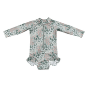 Girls One-piece Ruffle Rash Guard Swimsuit In Aqua Grey Floral