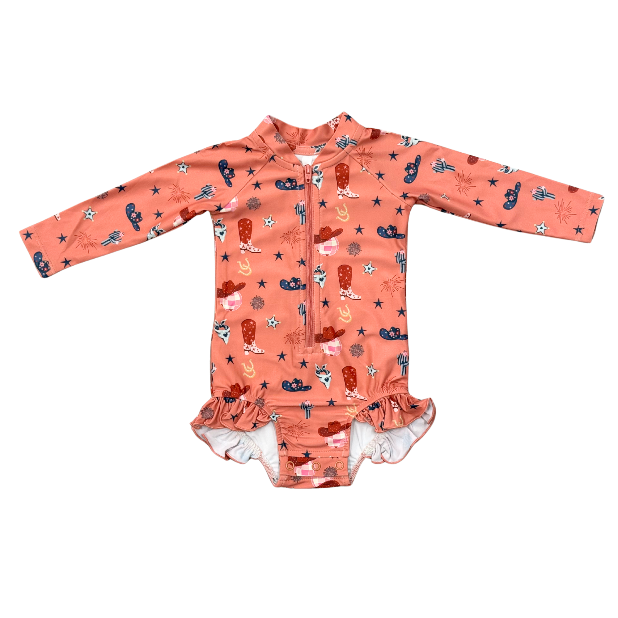 Girls One-piece Ruffle Rash Guard Swimsuit In American Cowgirl