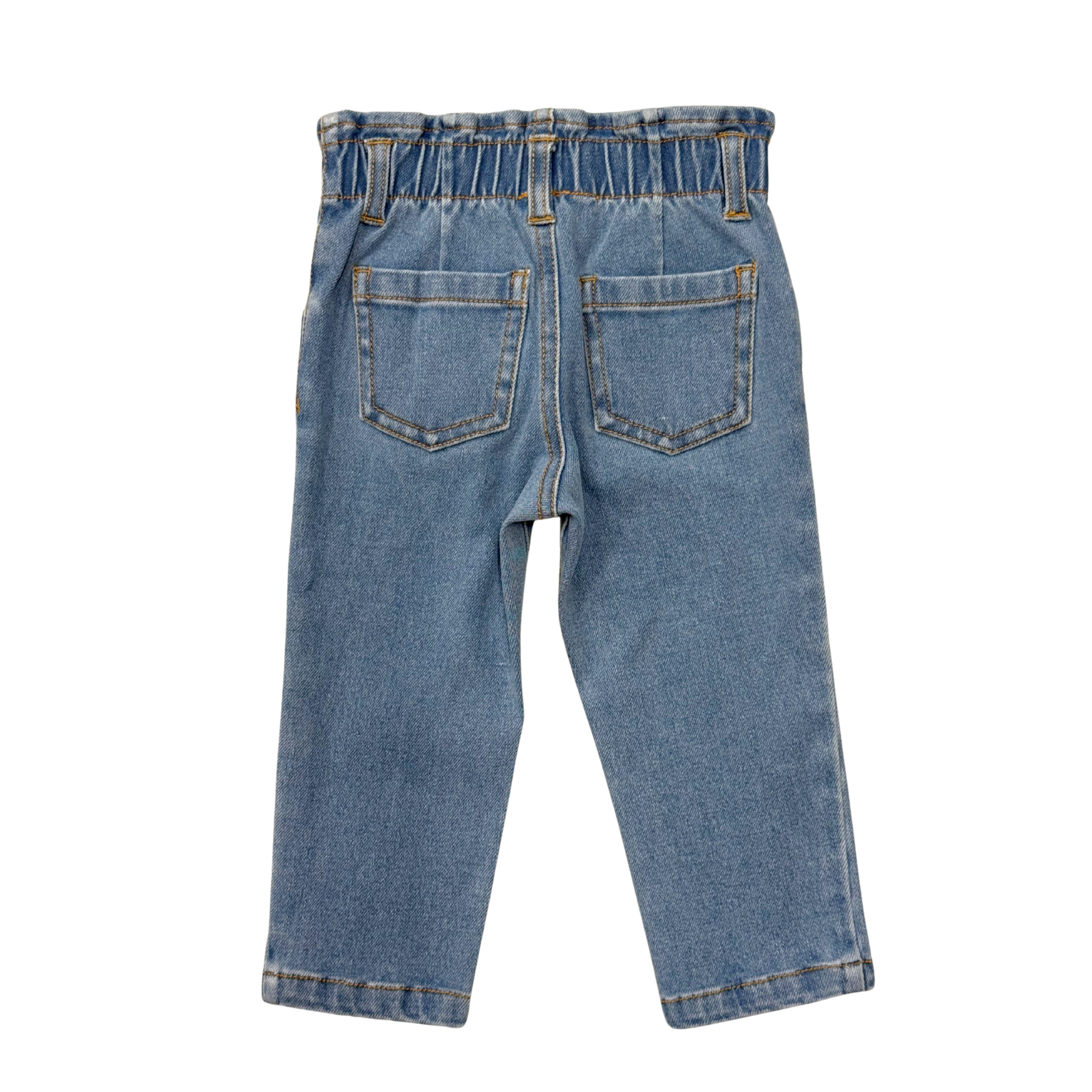 Girls Paperbag Denim Pants In Mid Blue Wash