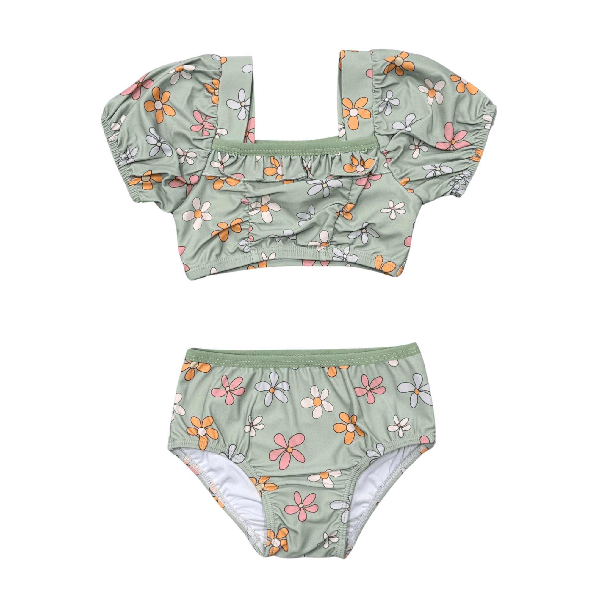 Girls Puff Sleeve Two-piece Swimsuit In Sketch Daisy