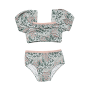 Girls Puff Sleeve Two-piece Swimsuit In Aqua Grey Floral