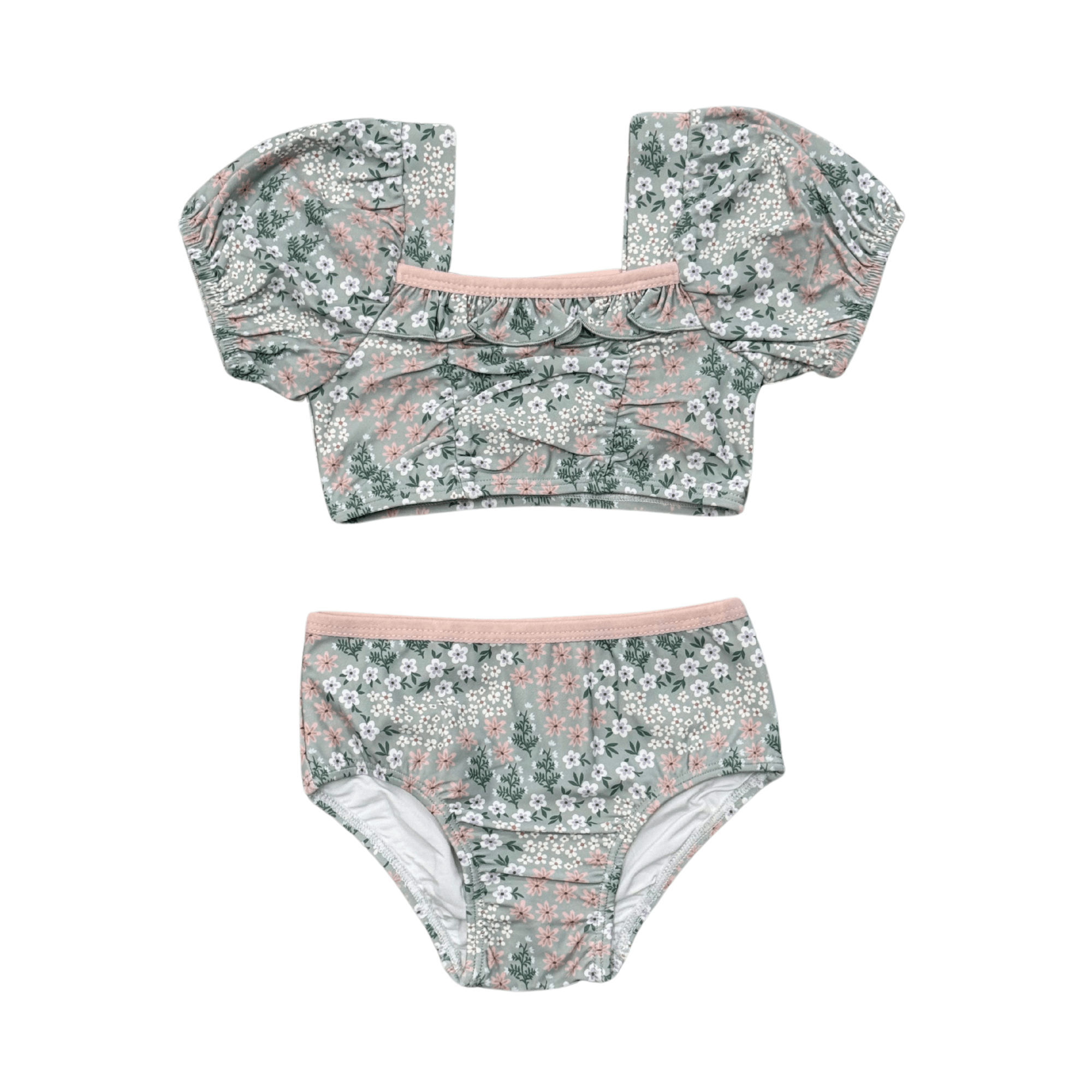 Girls Puff Sleeve Two-piece Swimsuit In Aqua Grey Floral