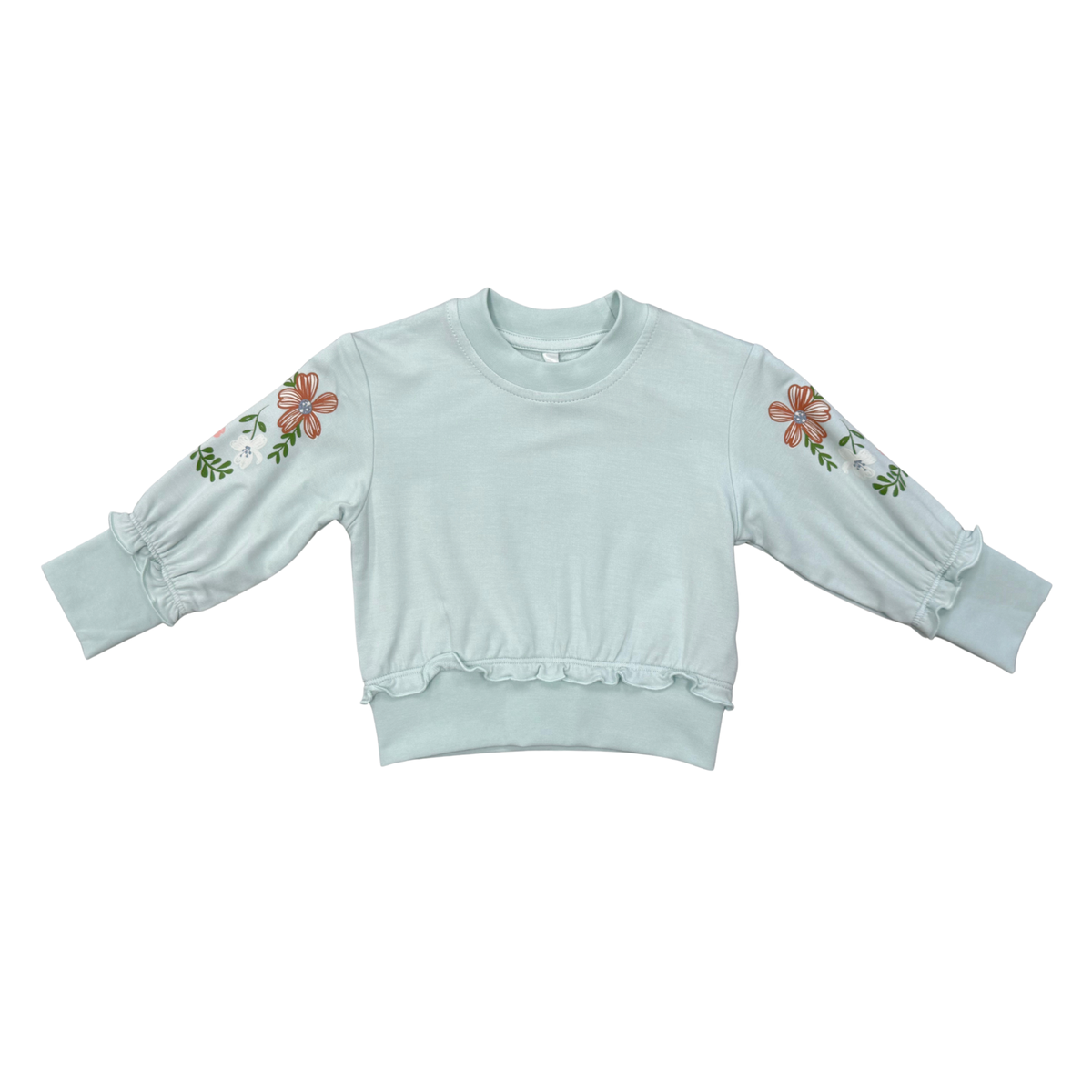 Girls Ruffle Hem Sweatshirt In Floral Sleeves In Misty Blue