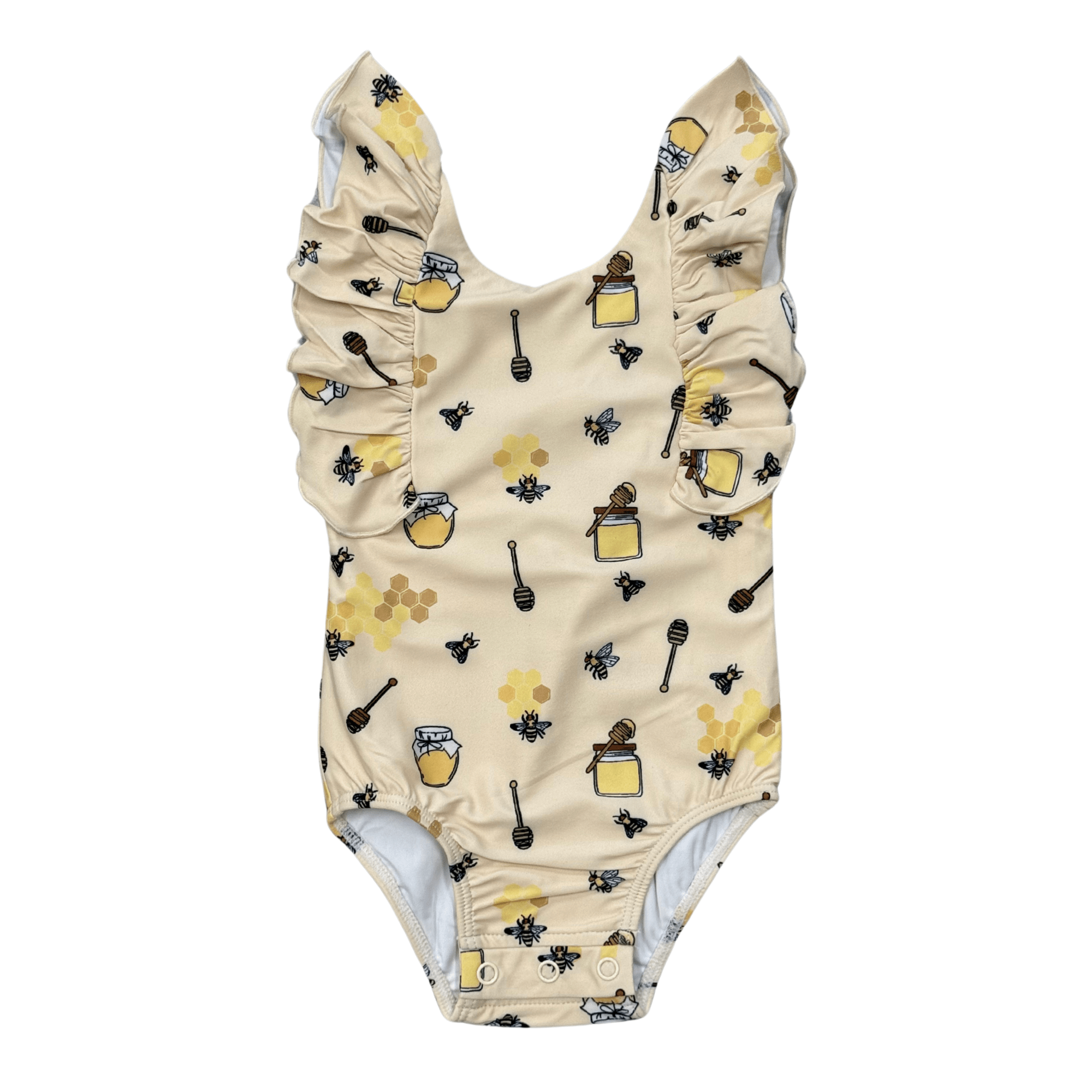 Baby Girl Ruffle Sleeve Cross Back Swimsuit In Honey Bees