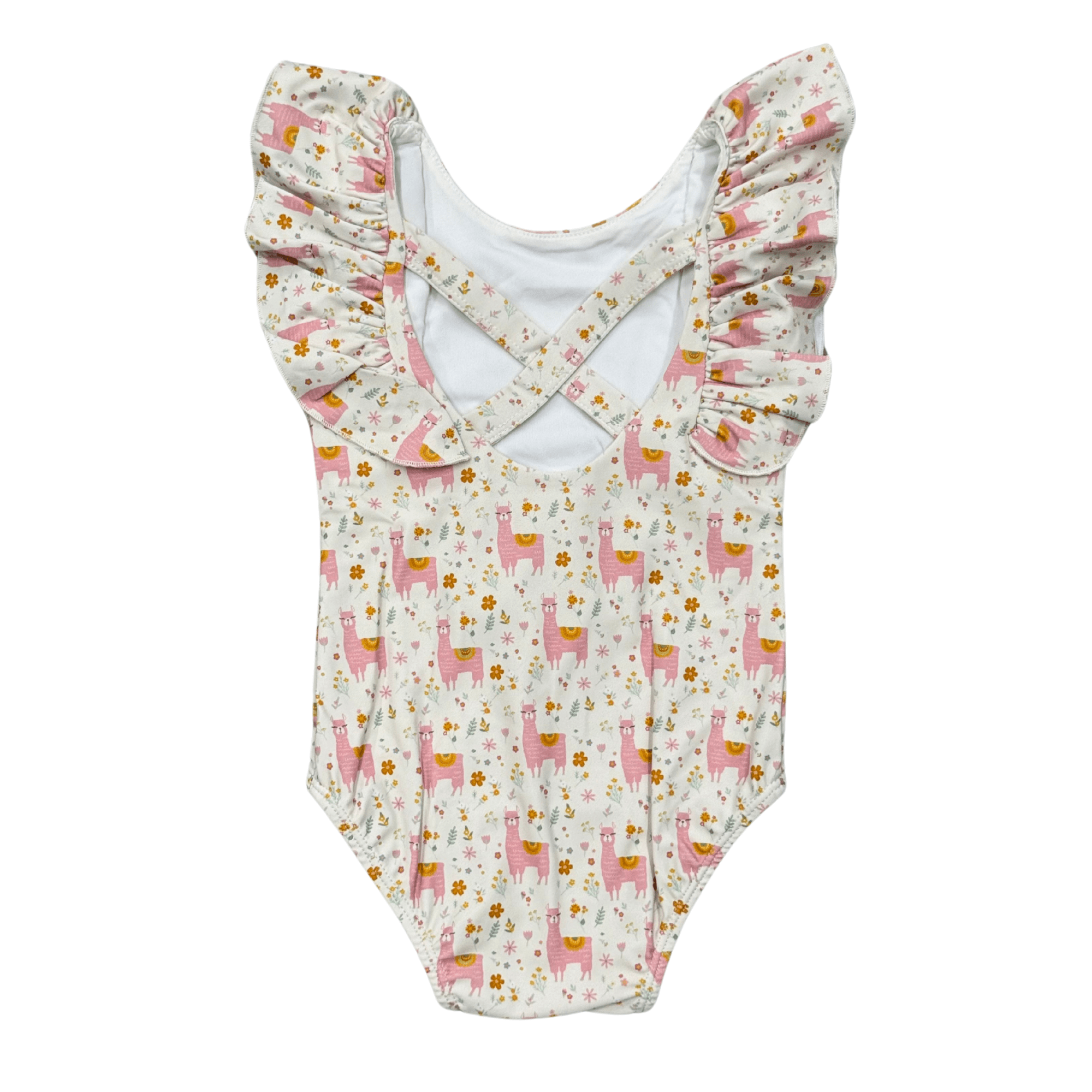 Baby Girl Ruffle Sleeve Cross Back Swimsuit In Llamas