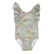 Baby Girl Ruffle Sleeve Cross Back Swimsuit In Sketched Daisy